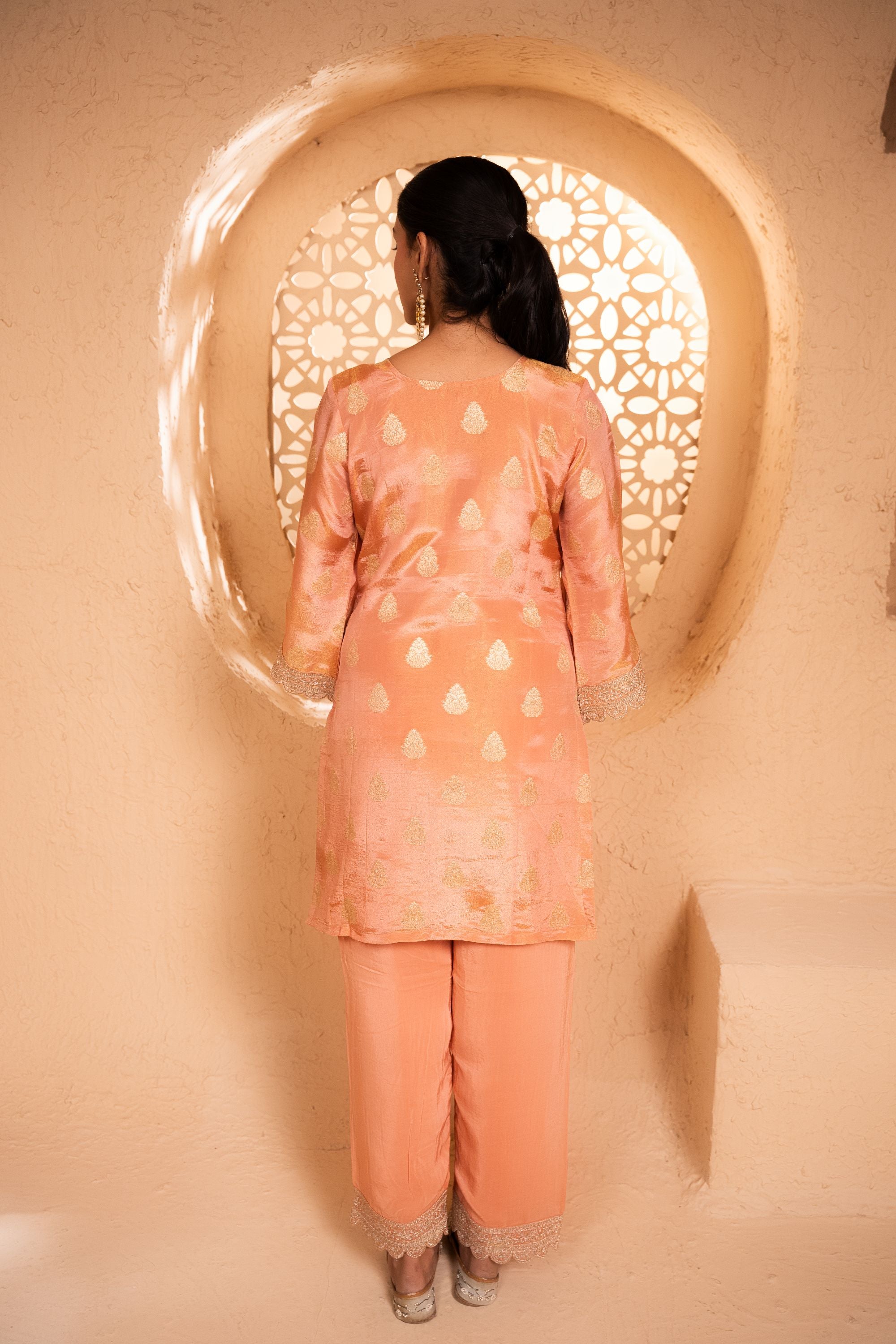 Isvan Tissue Embroidered Peach A-Line Suit Set