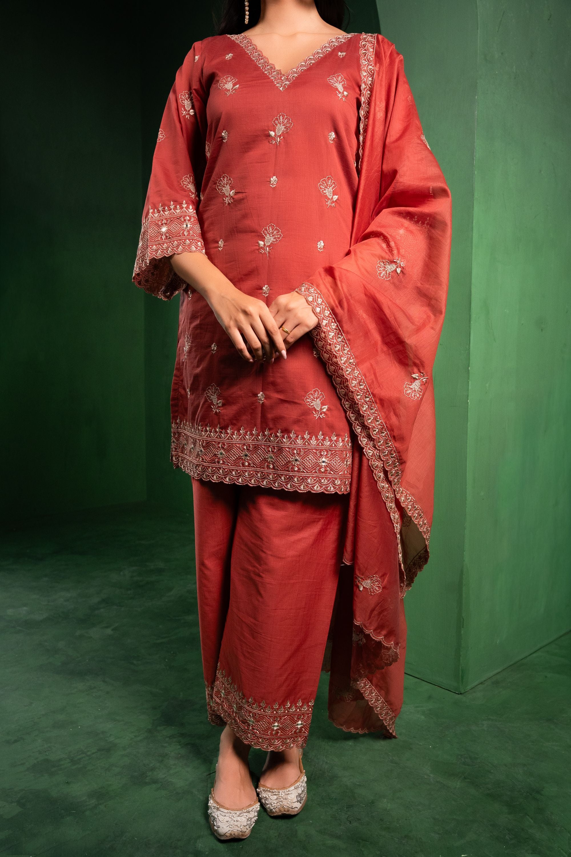 Noor Chanderi Embroidered Rust A-Line Suit Set