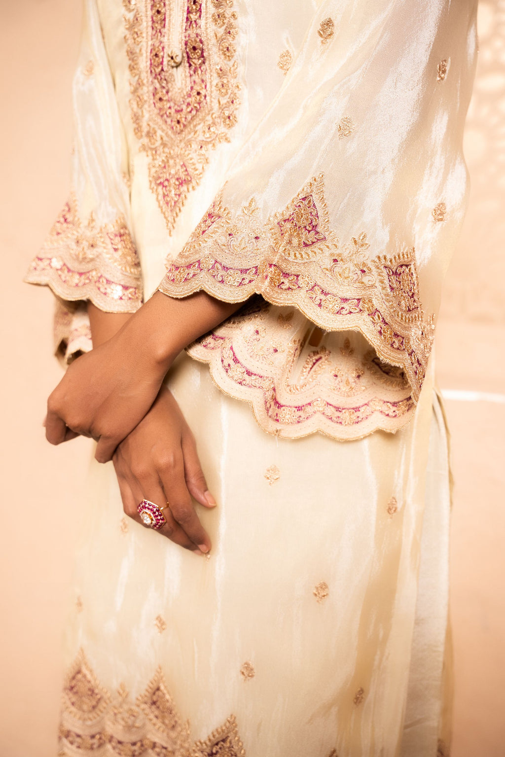Sargi Tissue Embroidered Cream A-Line Suit Set