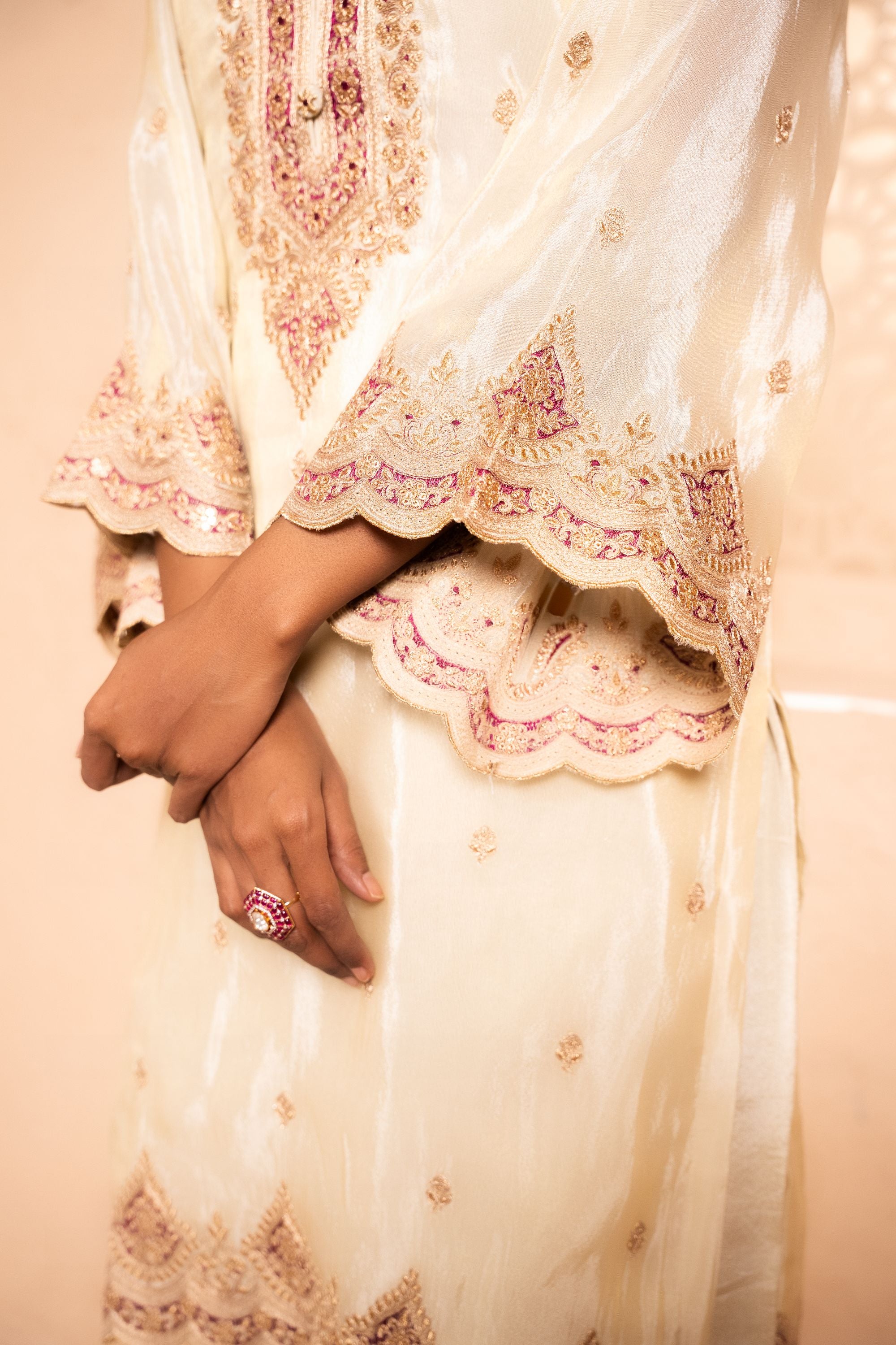 Sargi Tissue Embroidered Cream A-Line Suit Set