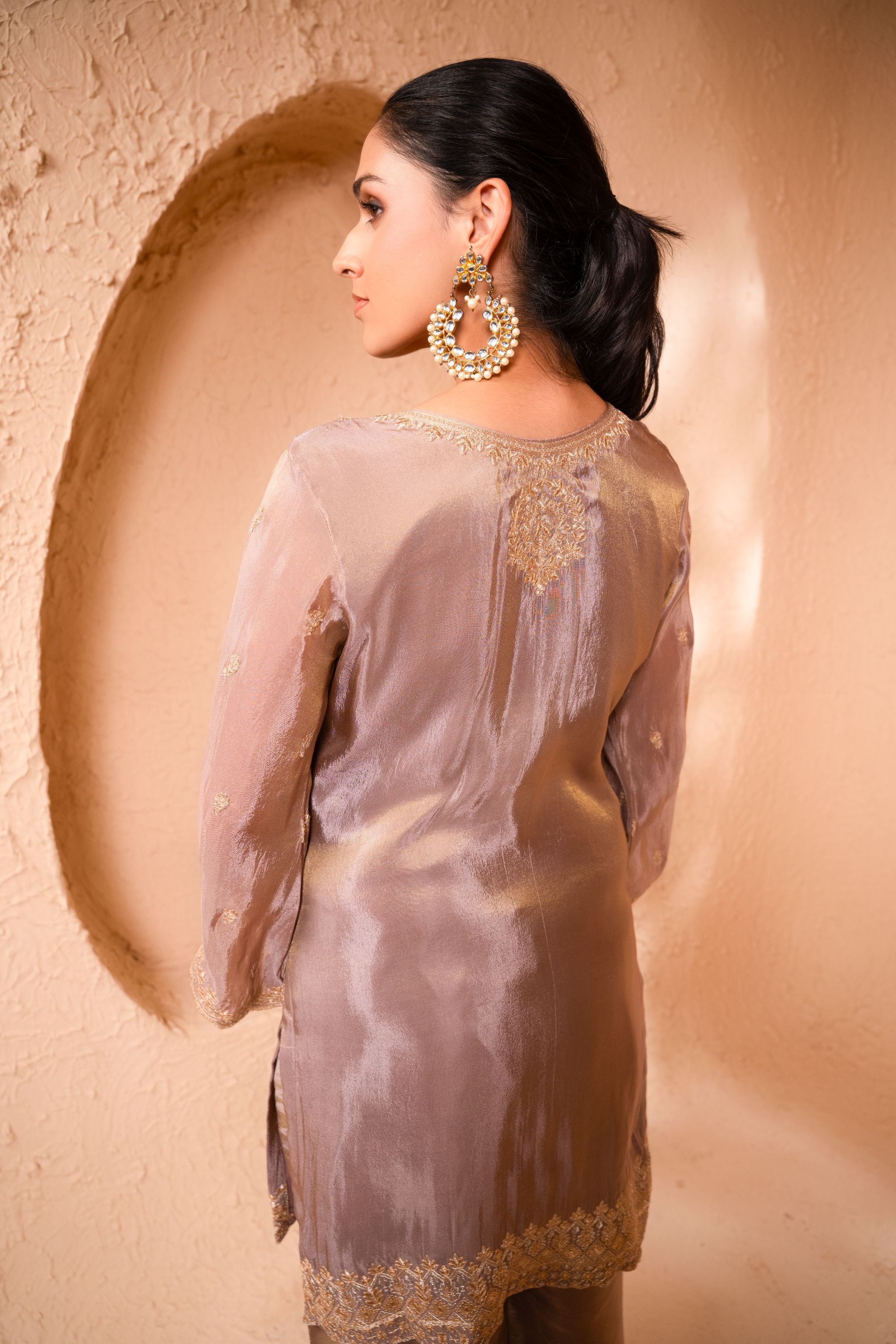 Leher Tissue Embroidered Lavender A-Line Suit Set