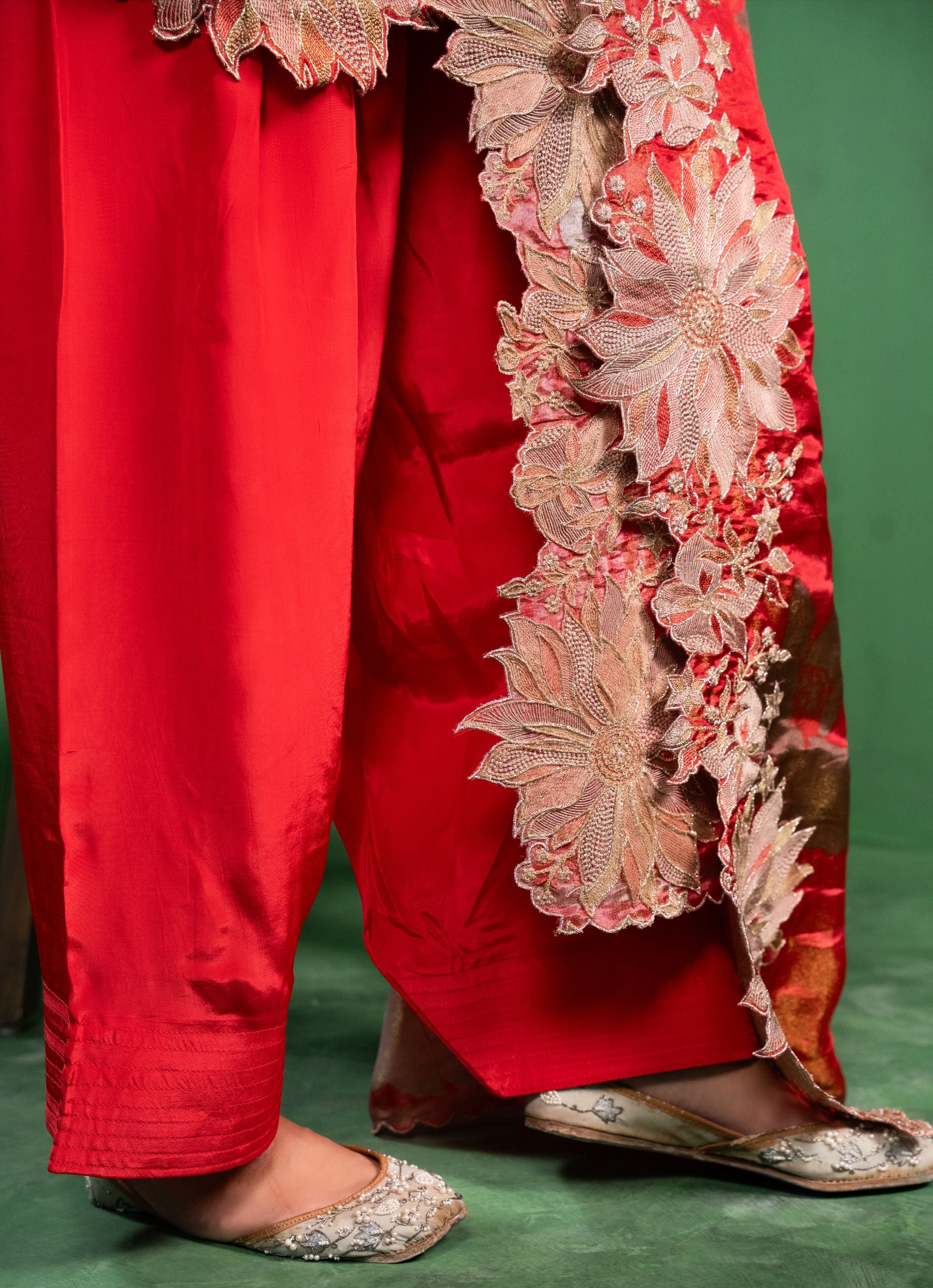Aas Tissue Embroidered Red A-Line Kurta with Farsi Salwar