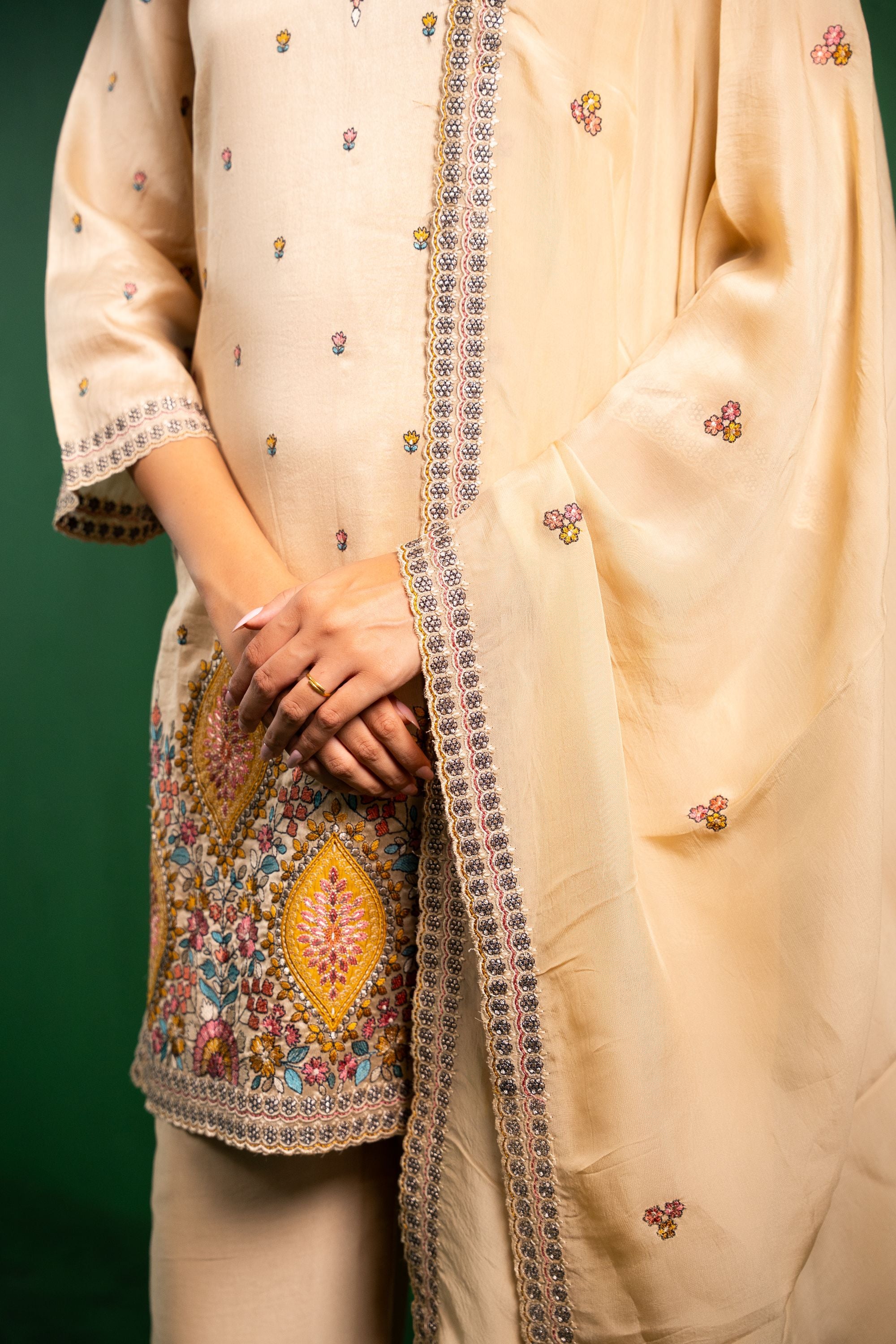 Meher Silk Chanderi Embroidered Beige A-Line Suit Set