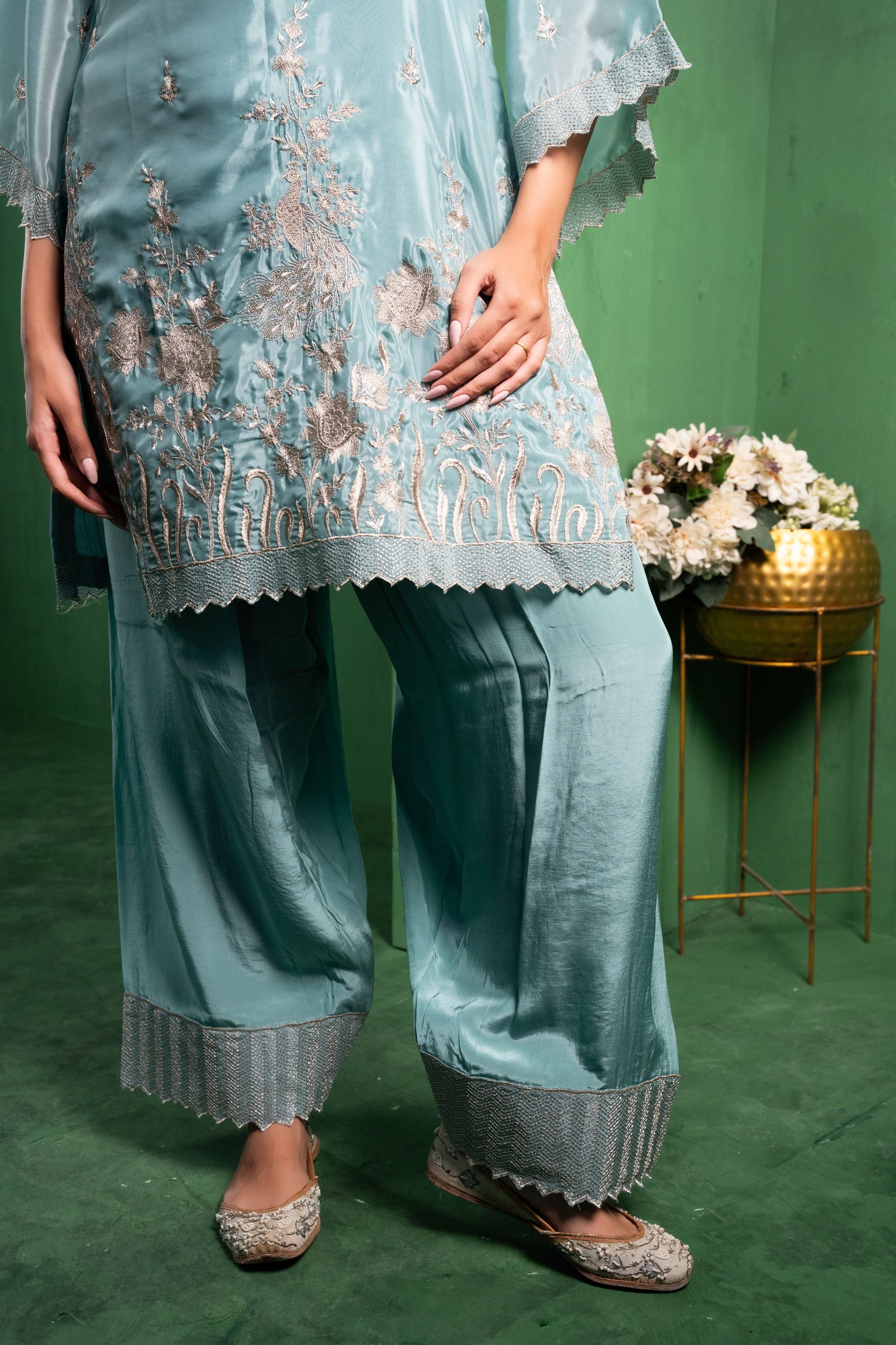 Rang Organza Embroidered Cadet Blue A-Line Kurta with Farsi Salwar