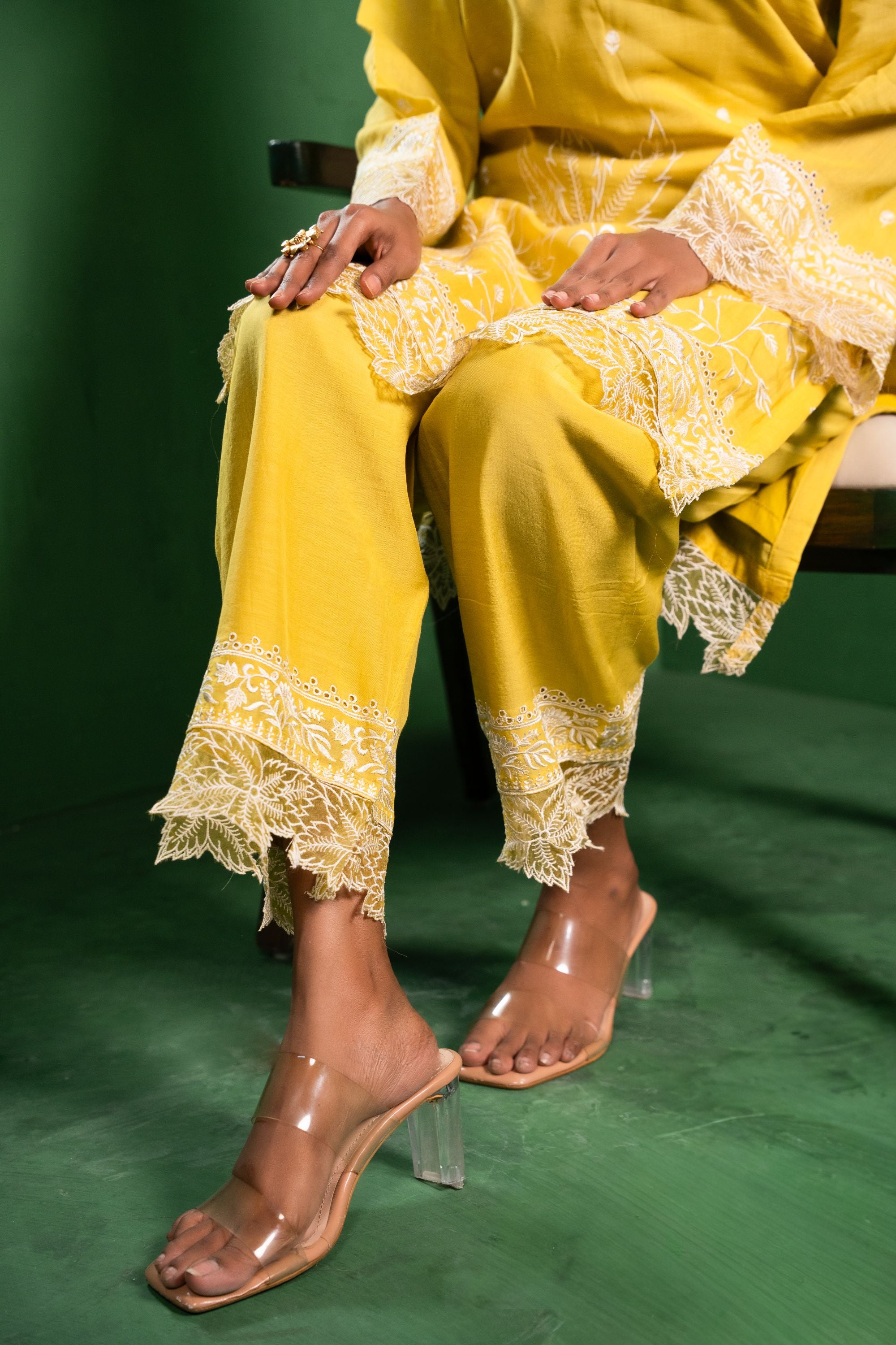 Ruh Mul Chanderi Embroidered Yellow A-Line Suit Set