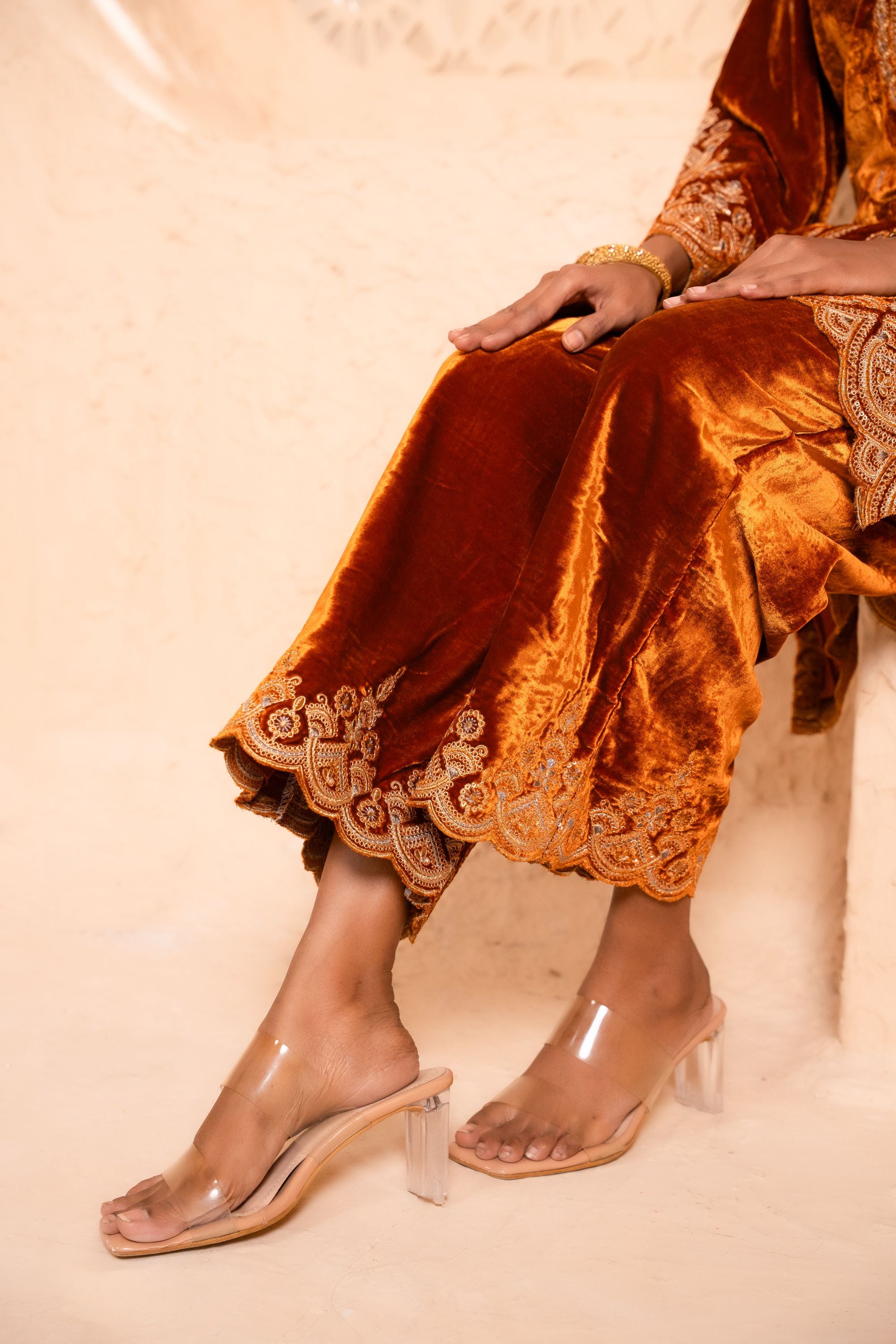 Saaz Silk Velvet Embroidered Rust A-Line Suit Set