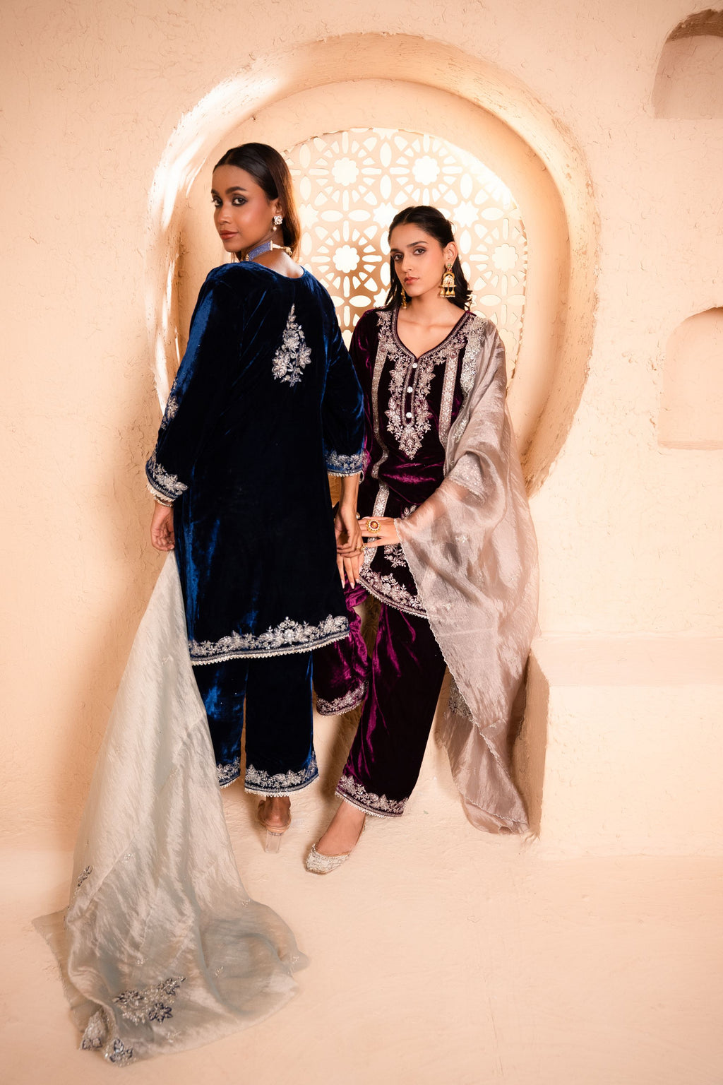 Zariya Silk Velvet Embroidered Navy Blue A-Line Suit Set