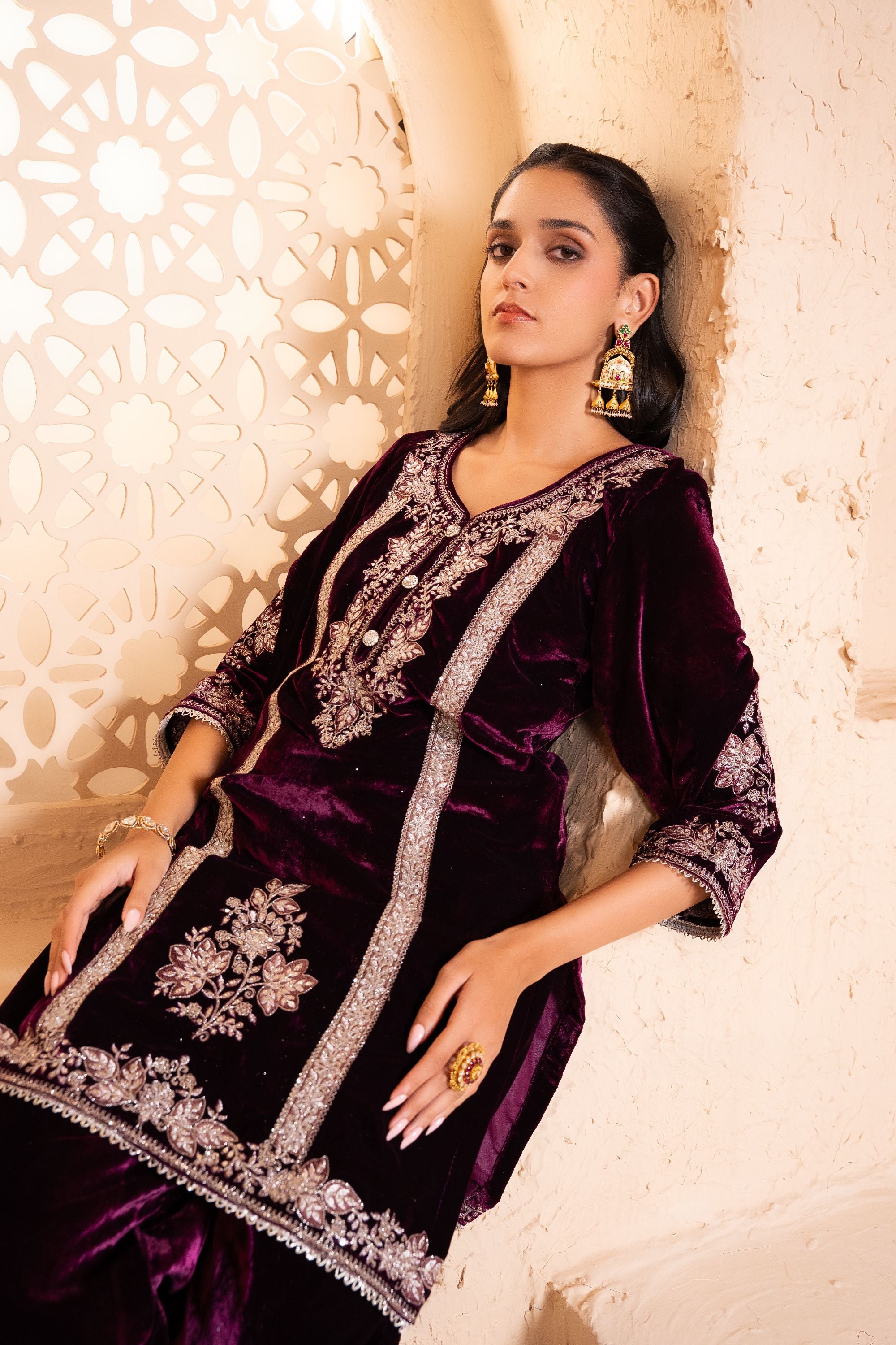 Zariya Silk Velvet Embroidered Wine A-Line Suit Set