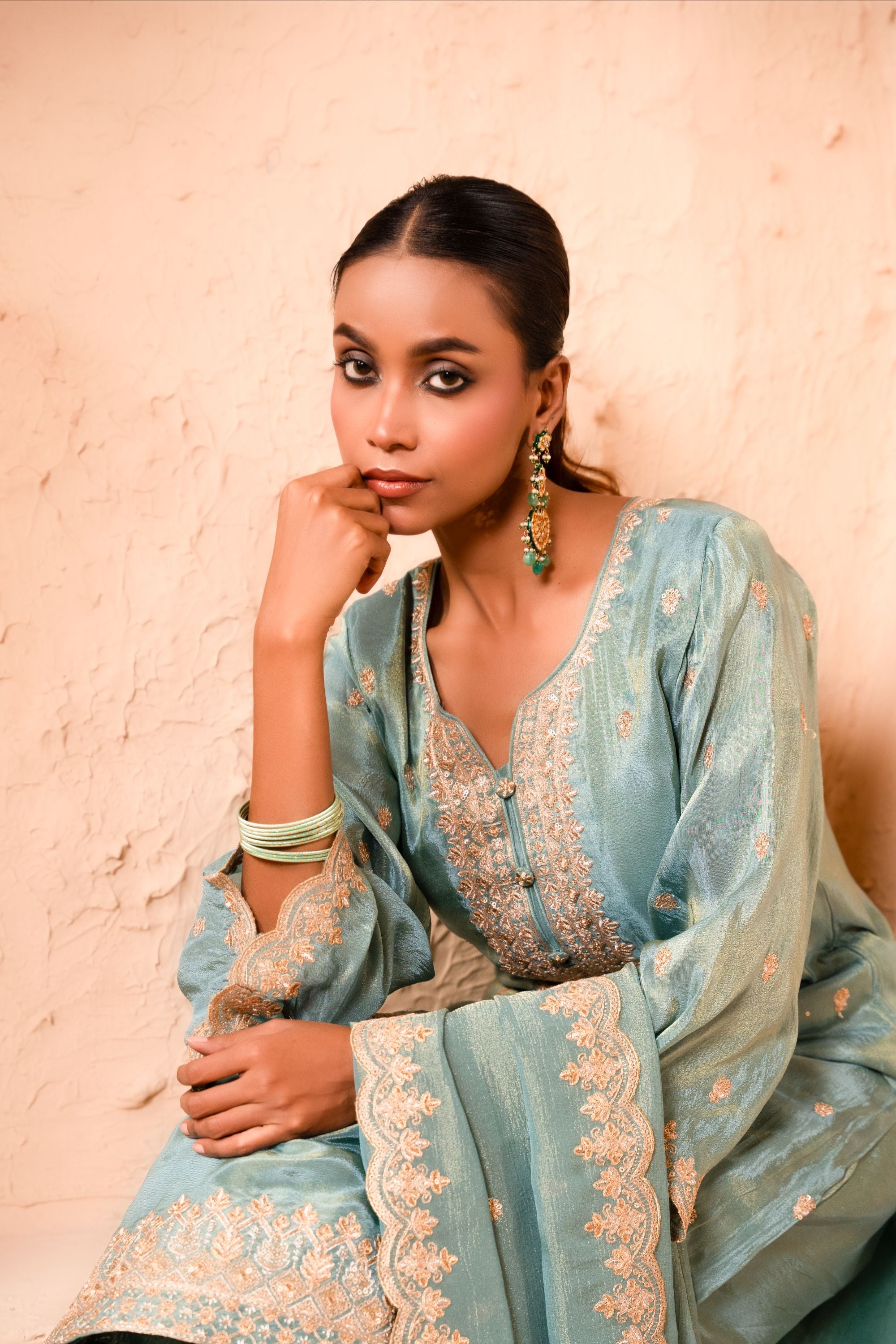 Leher Tissue Embroidered Sky Blue A-Line Suit Set
