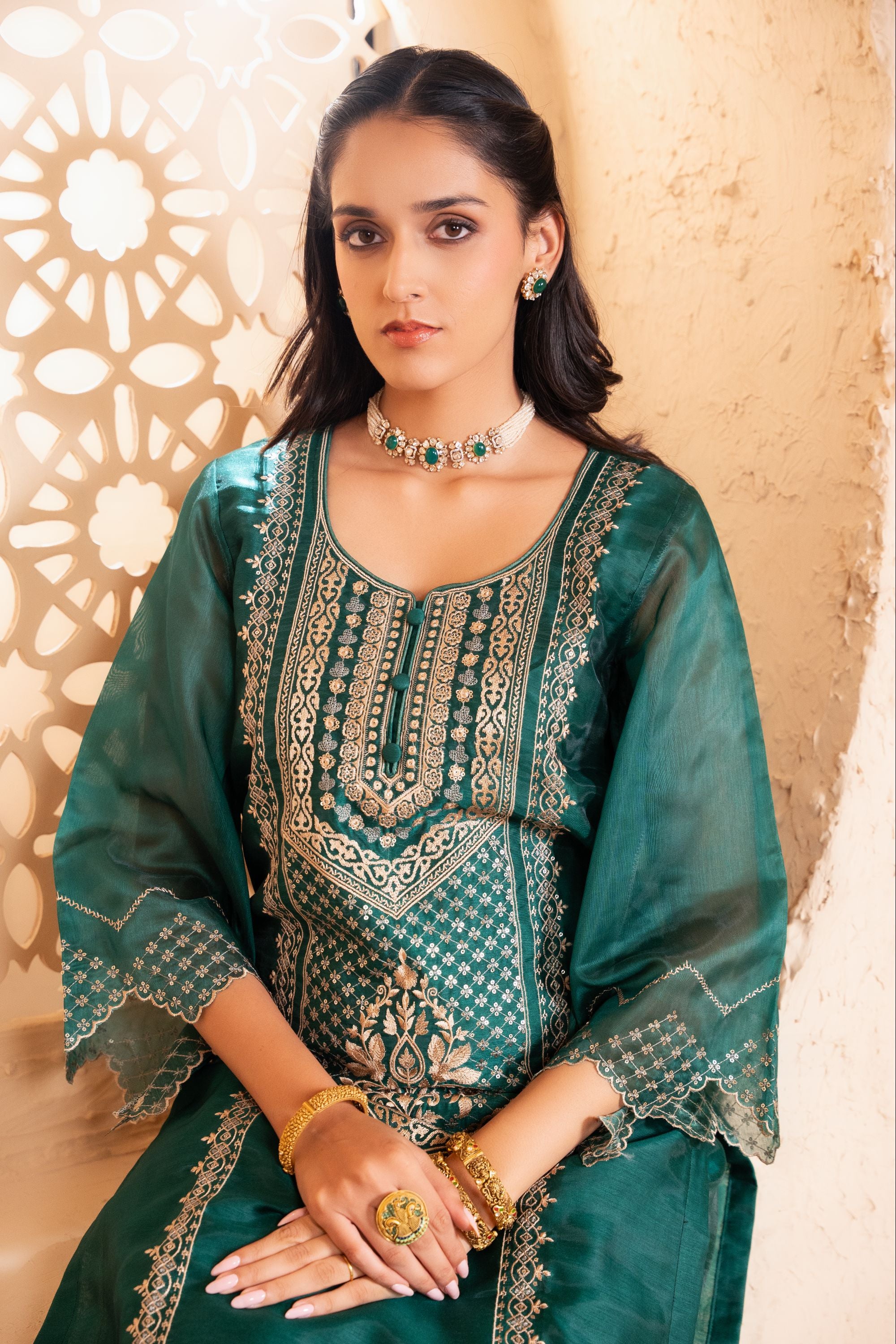 Sanjh Chanderi Embroidered Emerald A-Line Suit Set