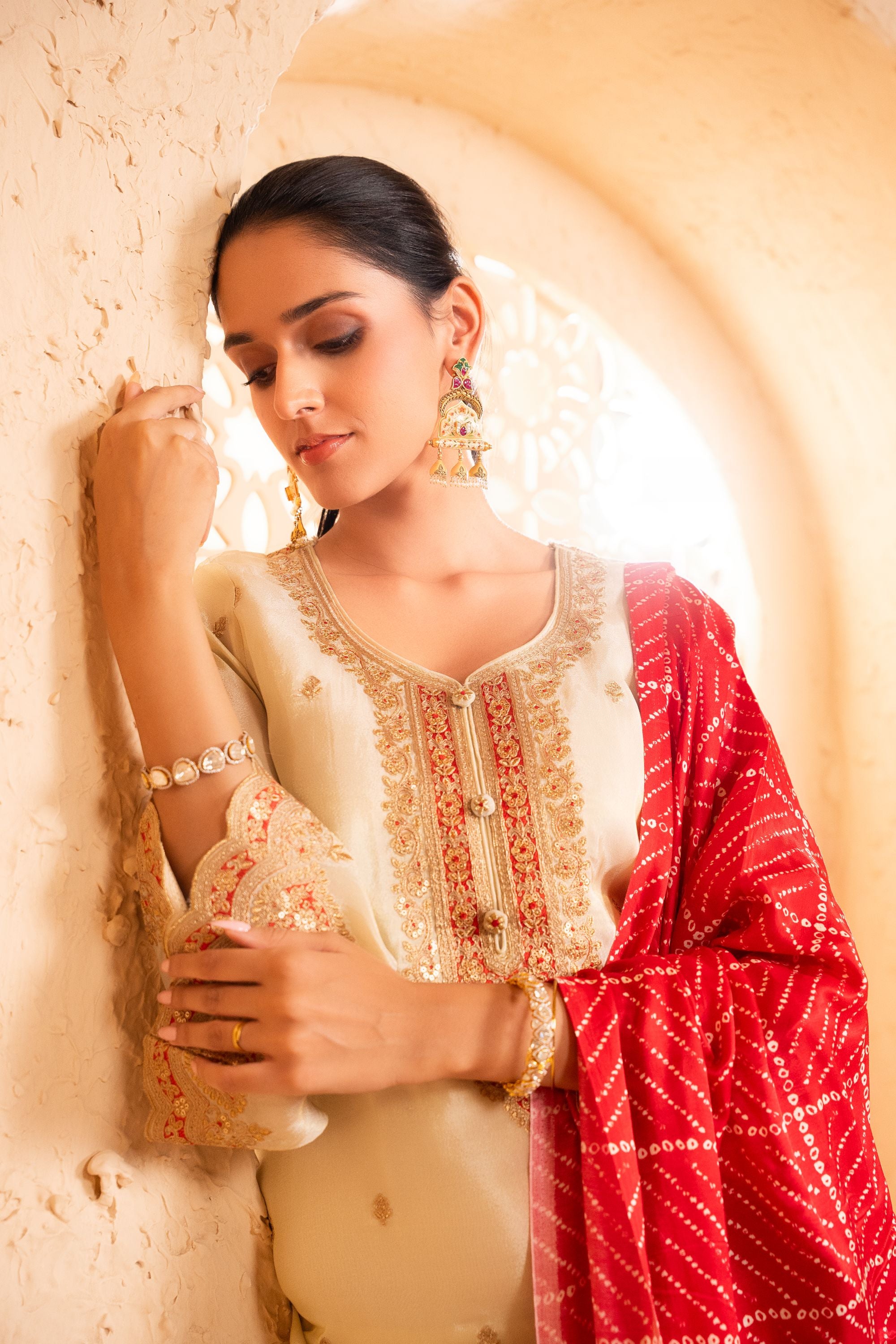 Sargi Tissue Embroidered Cream A-Line Suit Set