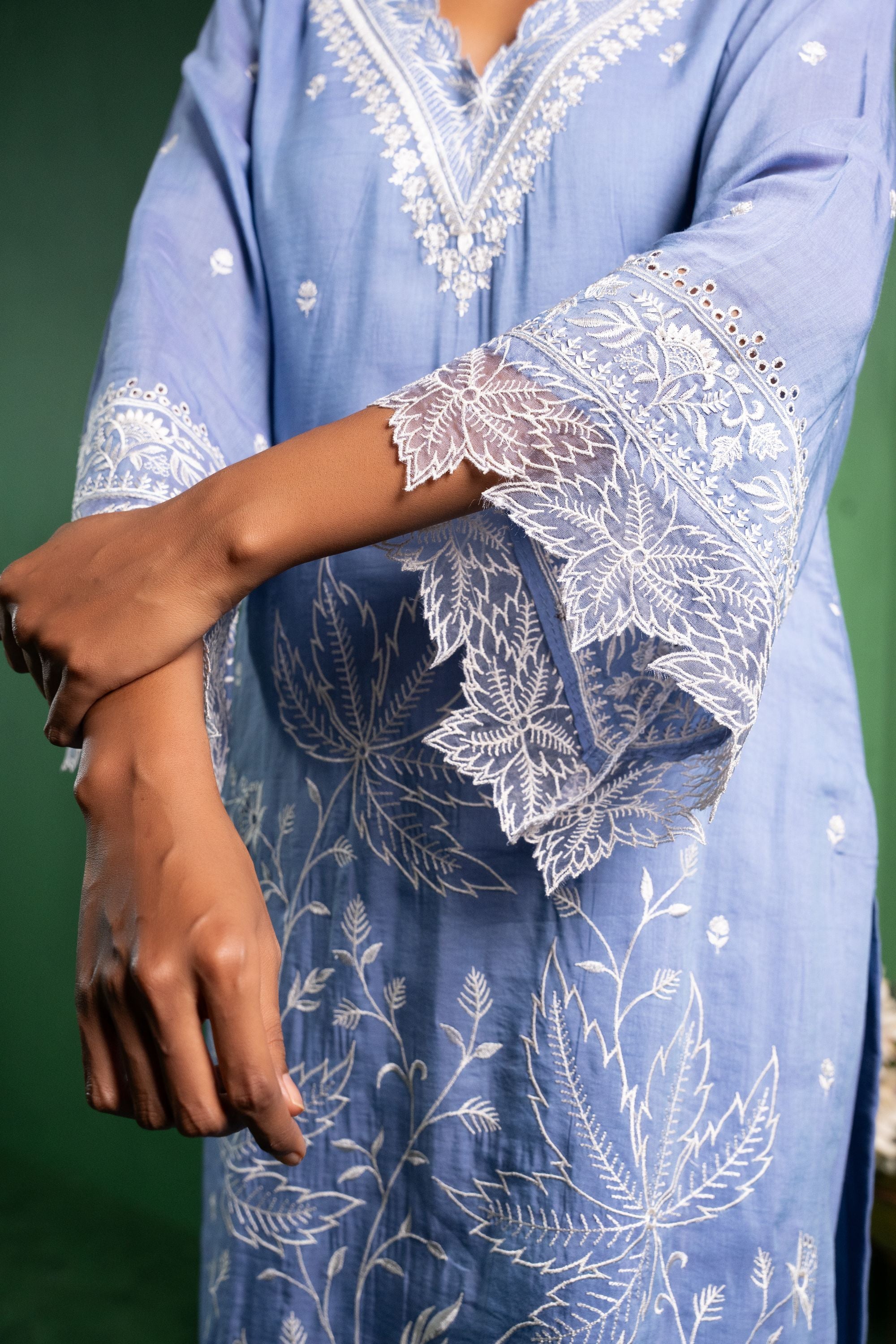 Ruh Mul Chanderi Embroidered Periwinkle A-Line Suit Set