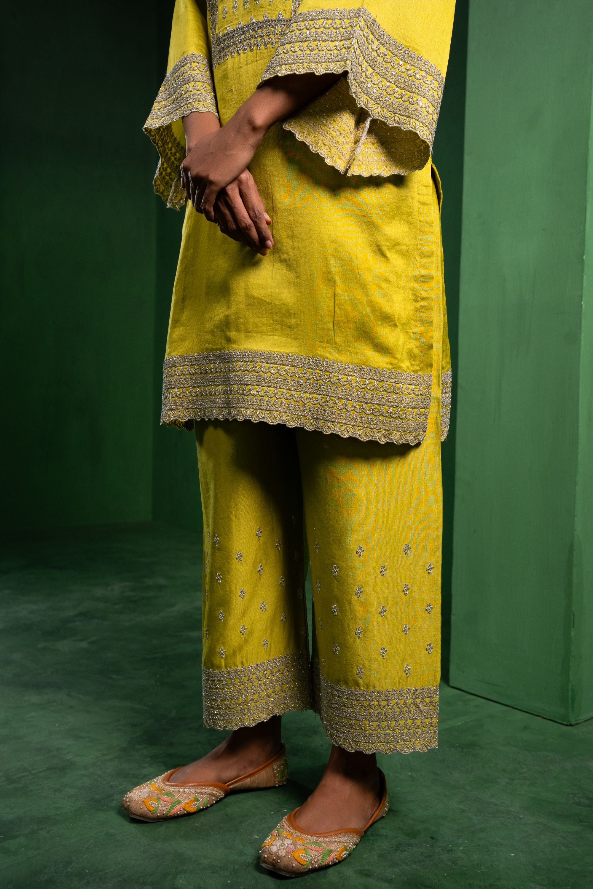 Ehsaas Silk Chanderi Embroidered Lime Green A-Line Suit Set