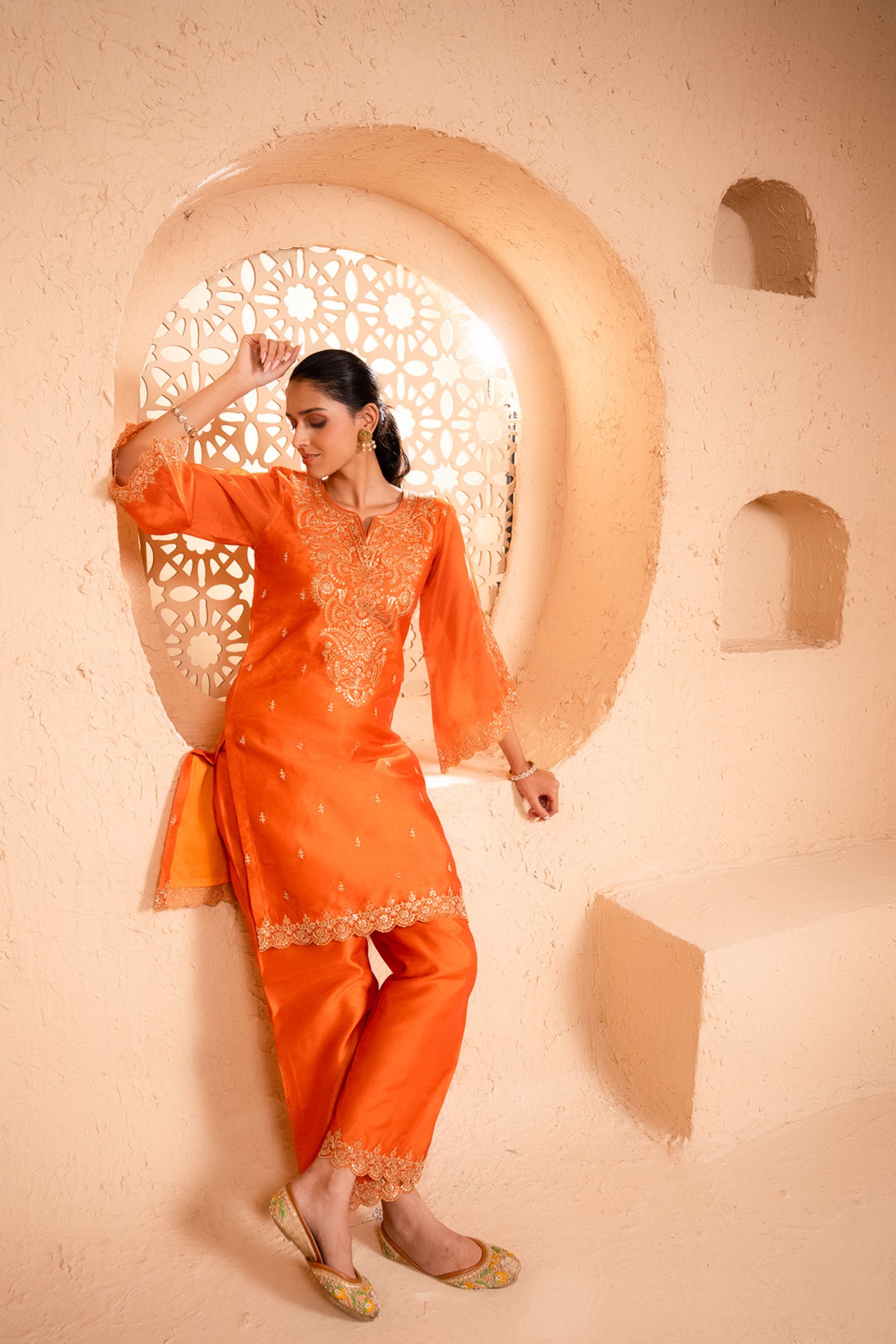 Khwaab Chanderi Embroidered Orange A-Line Suit Set