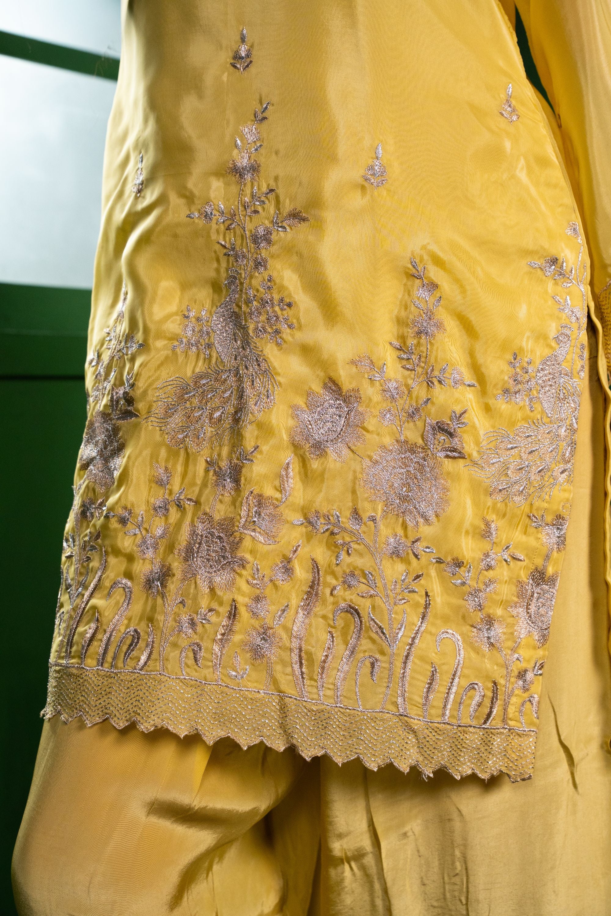 Rang Organza Embroidered Yellow A-Line Kurta with Farsi Salwar
