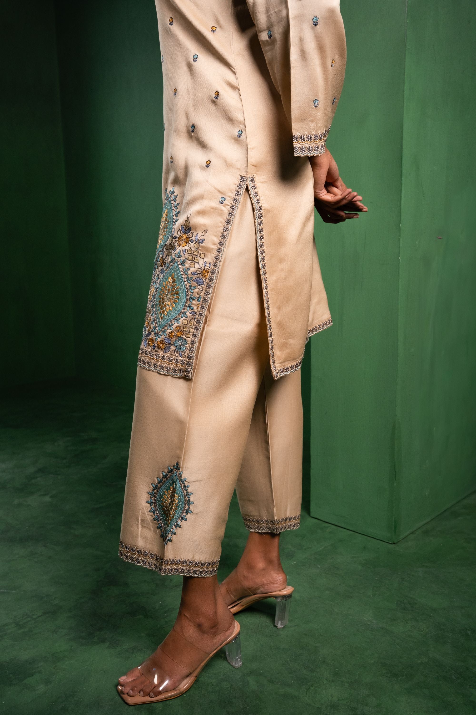 Meher Silk Chanderi Embroidered Beige A-Line Suit Set
