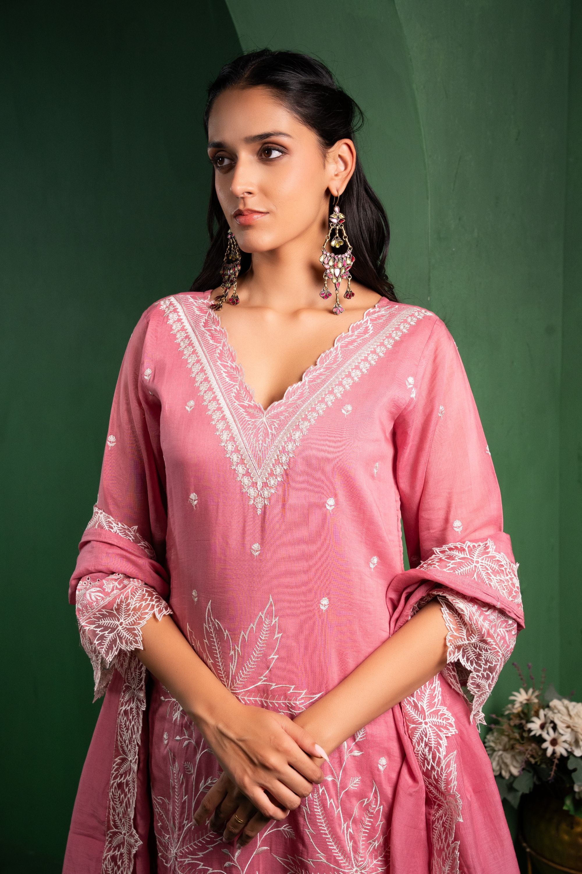 Ruh Mul Chanderi Embroidered Baby Pink A-Line Suit Set
