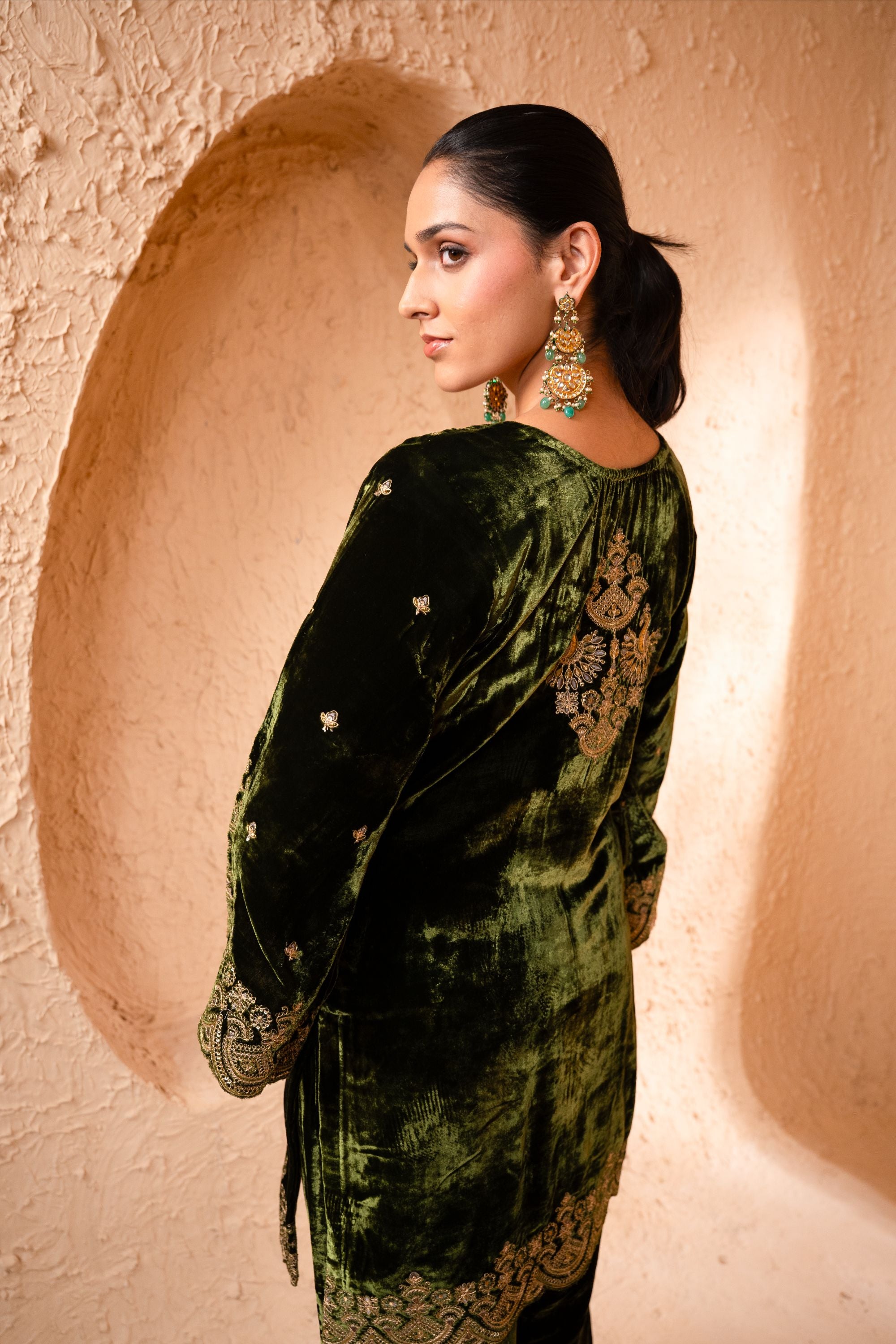 Saaz Silk Velvet Embroidered Mehndi Green A-Line Suit Set