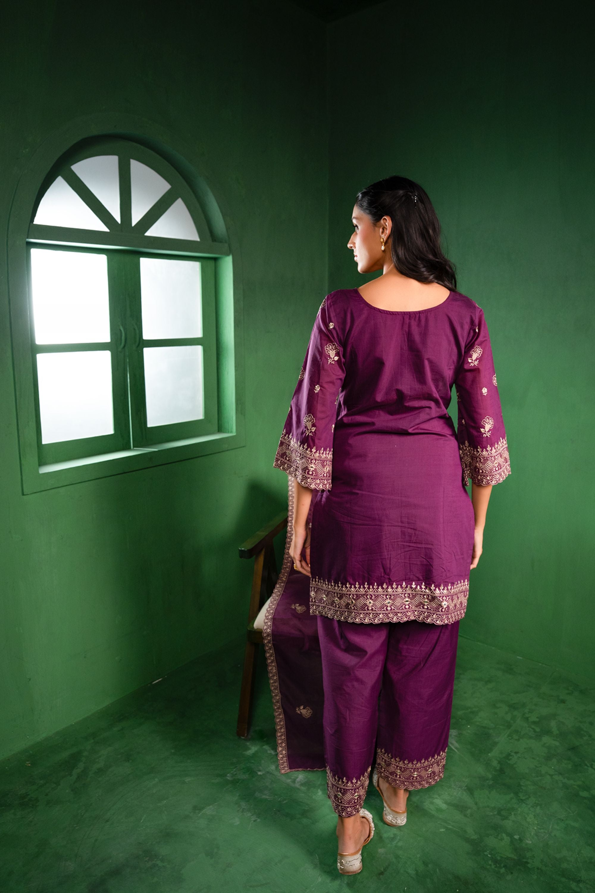 Noor Chanderi Embroidered Burgundy A-Line Suit Set