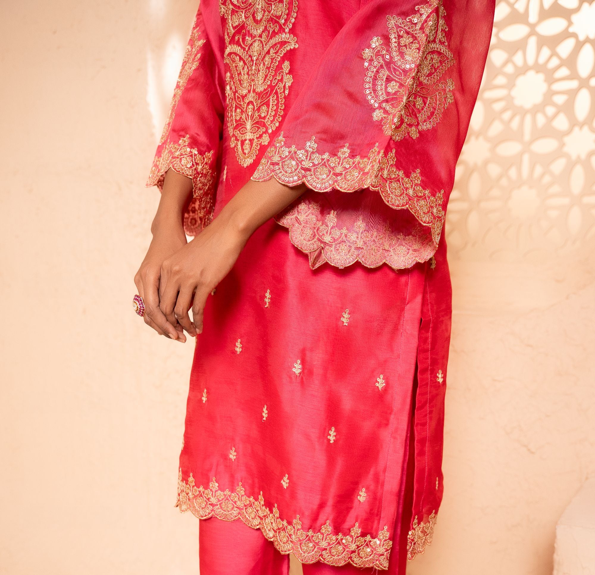 Khwaab Chanderi Embroidered Bright Pink A-Line Suit Set
