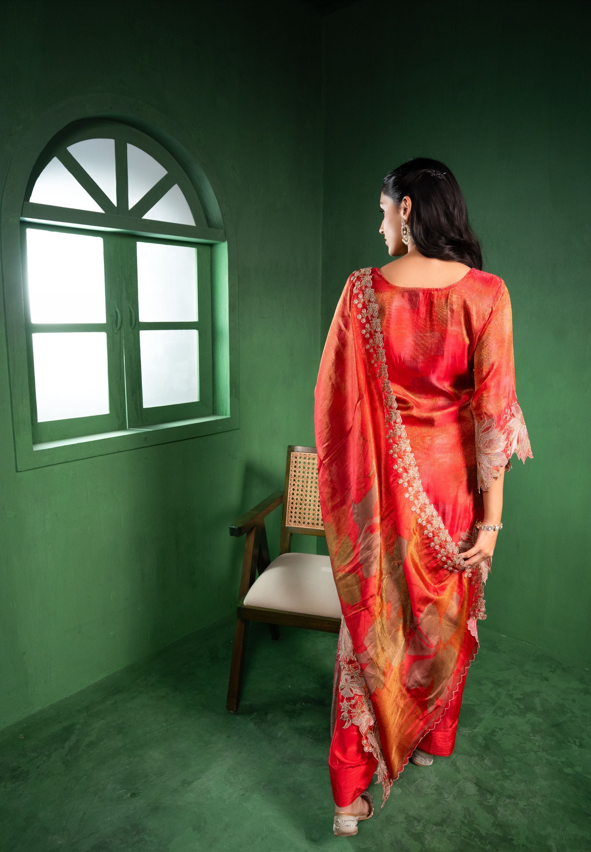 Aas Tissue Embroidered Red A-Line Kurta with Farsi Salwar