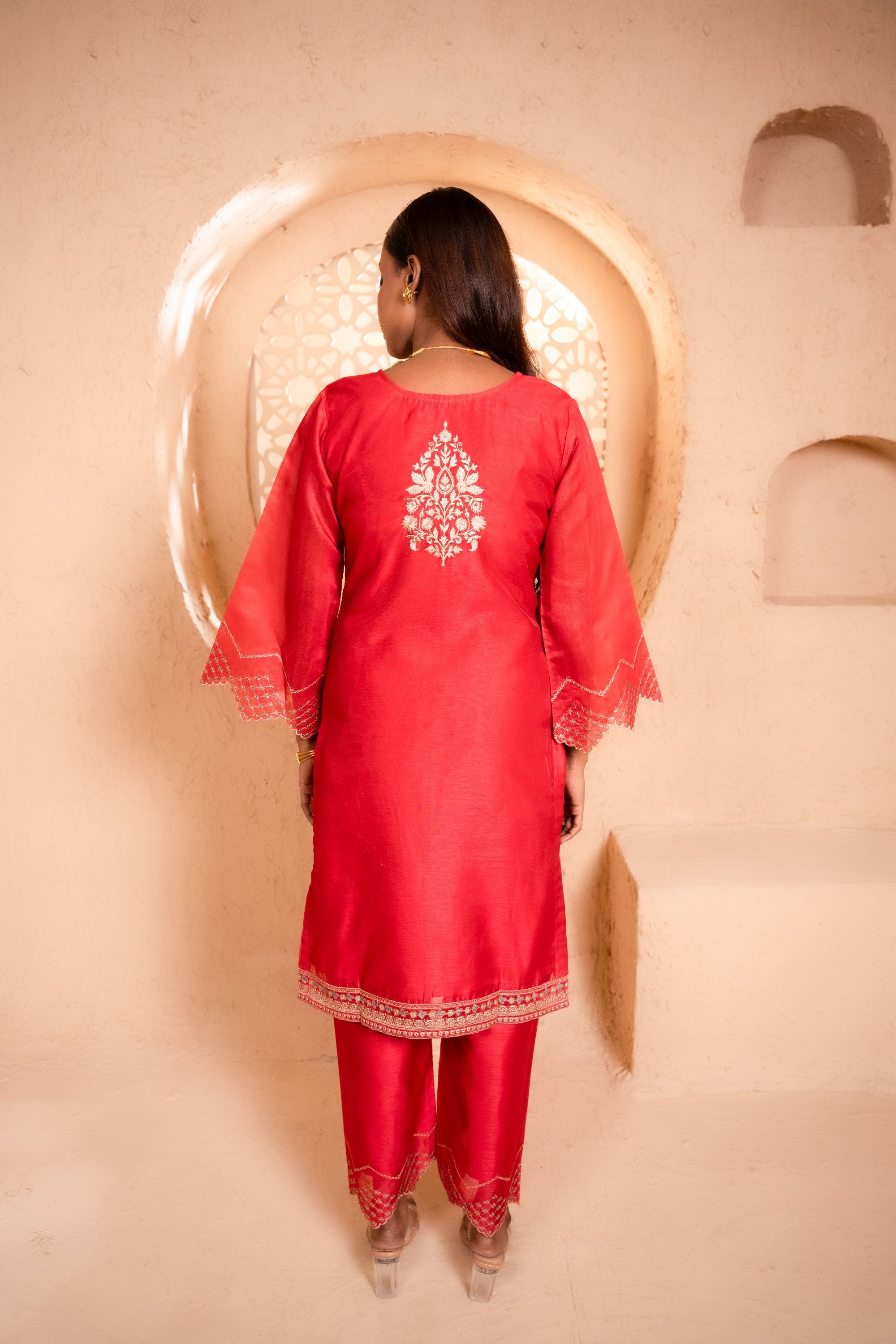 Sanjh Chanderi Embroidered Red A-Line Suit Set