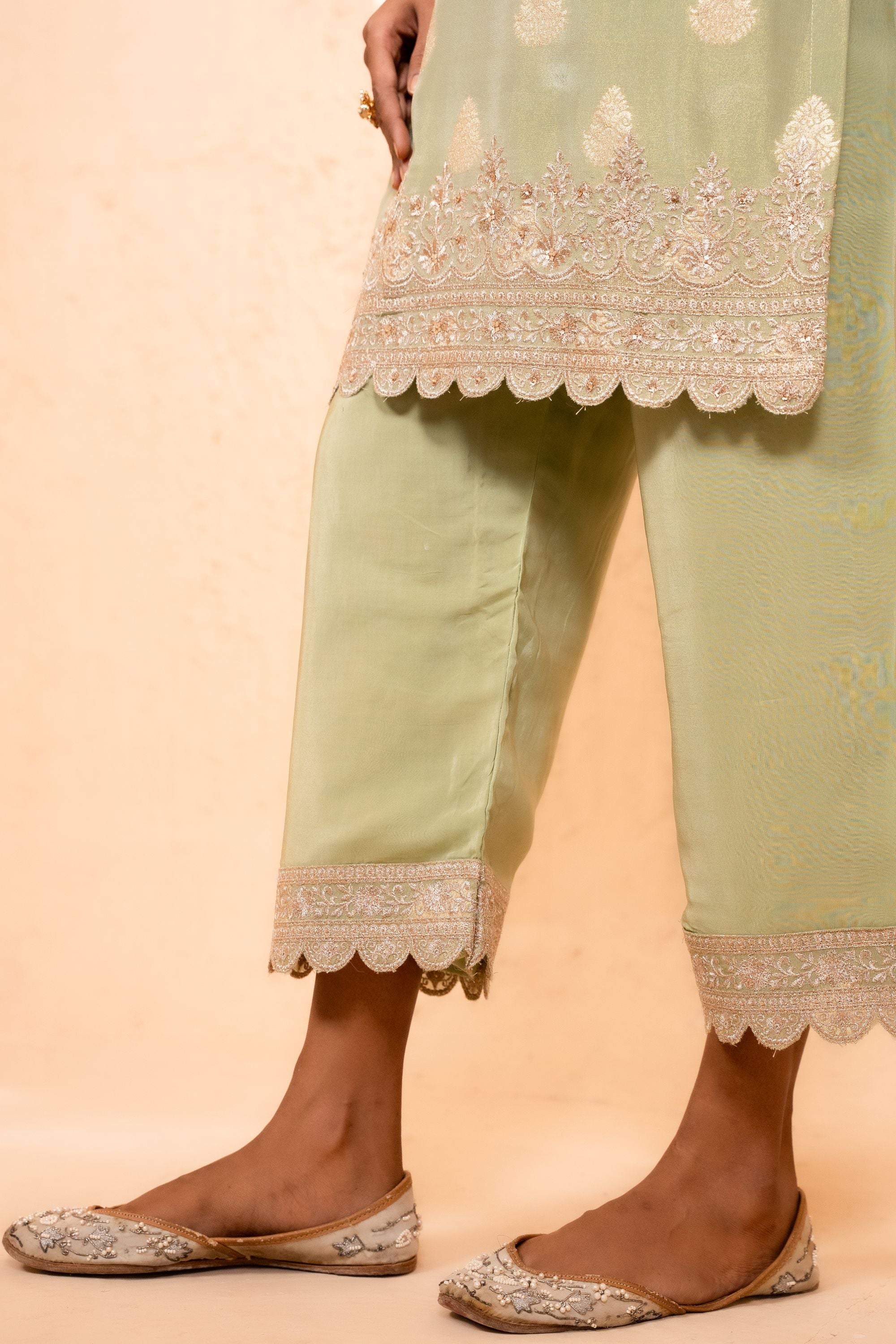 Isvan Tissue Embroidered Green A-Line Suit Set