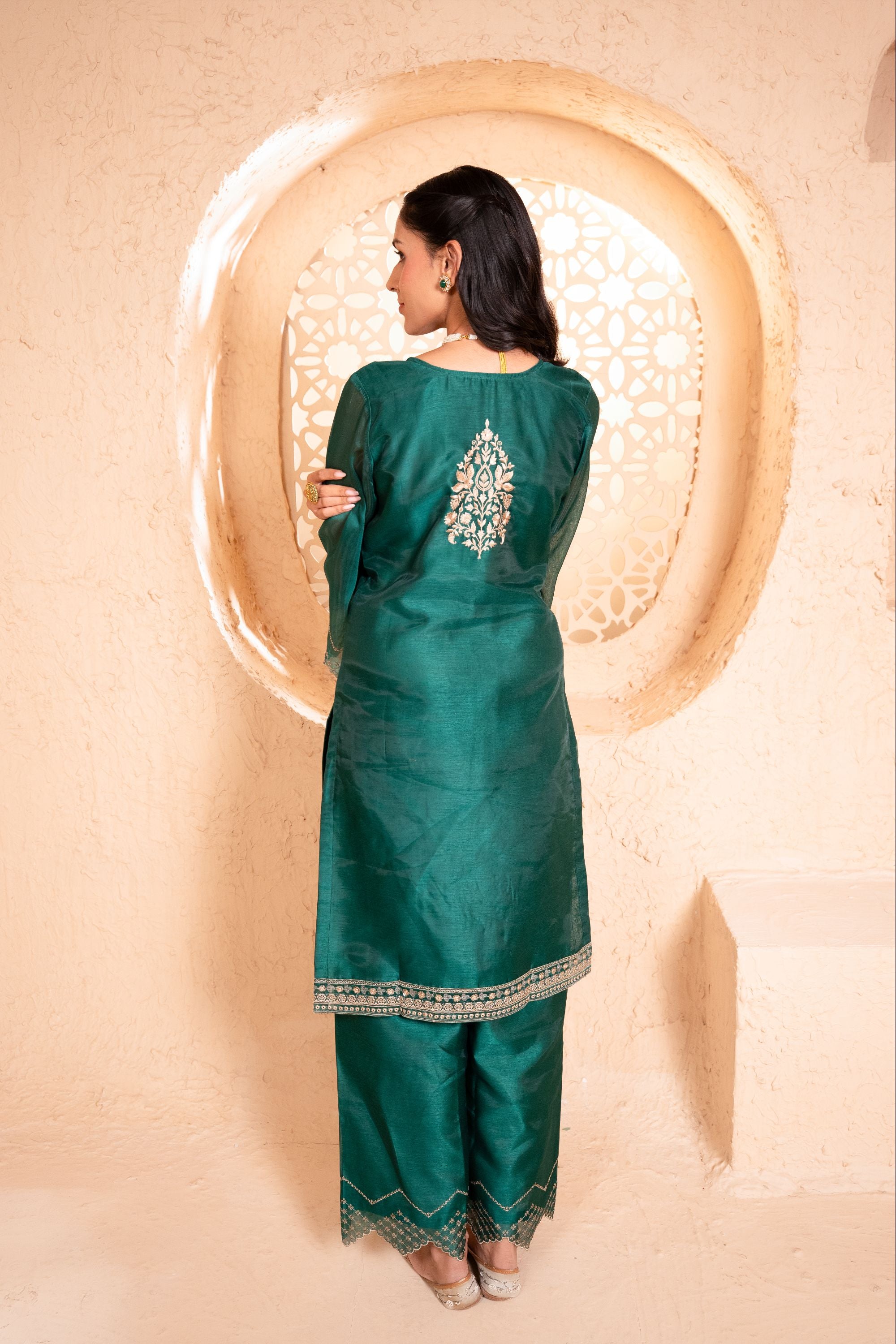 Sanjh Chanderi Embroidered Emerald A-Line Suit Set