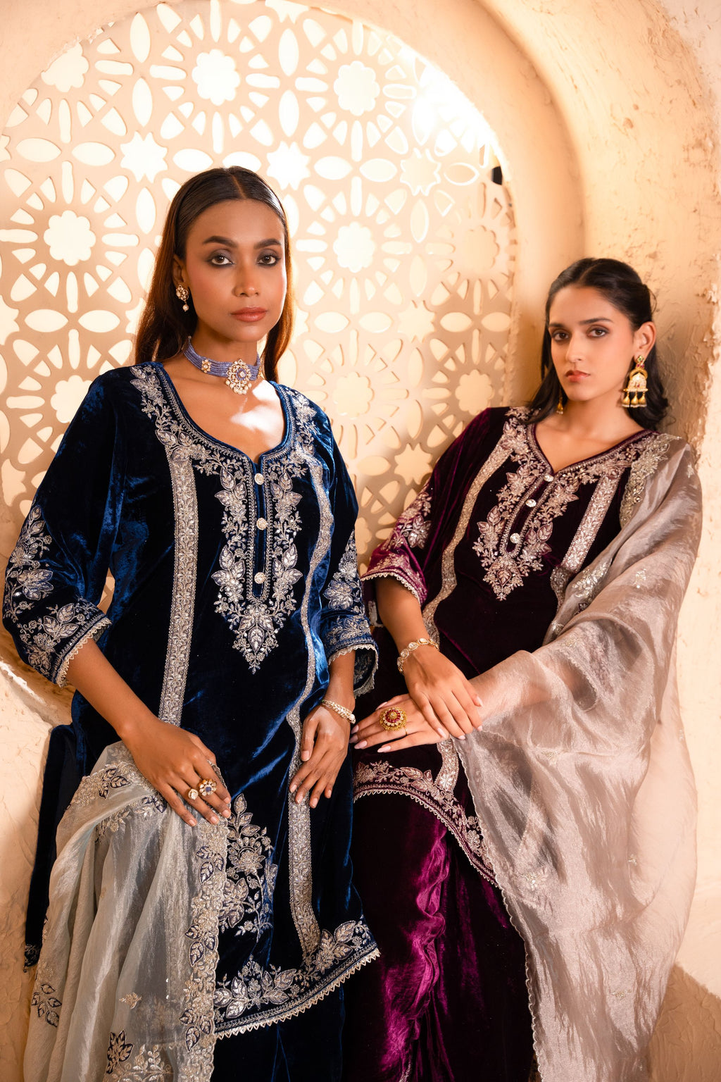 Zariya Silk Velvet Embroidered Navy Blue A-Line Suit Set
