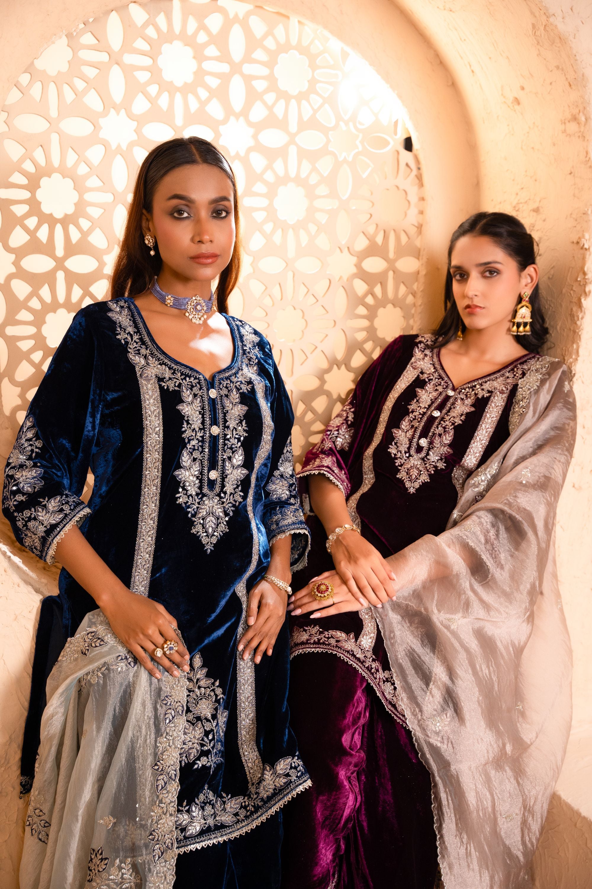 Zariya Silk Velvet Embroidered Navy Blue A-Line Suit Set