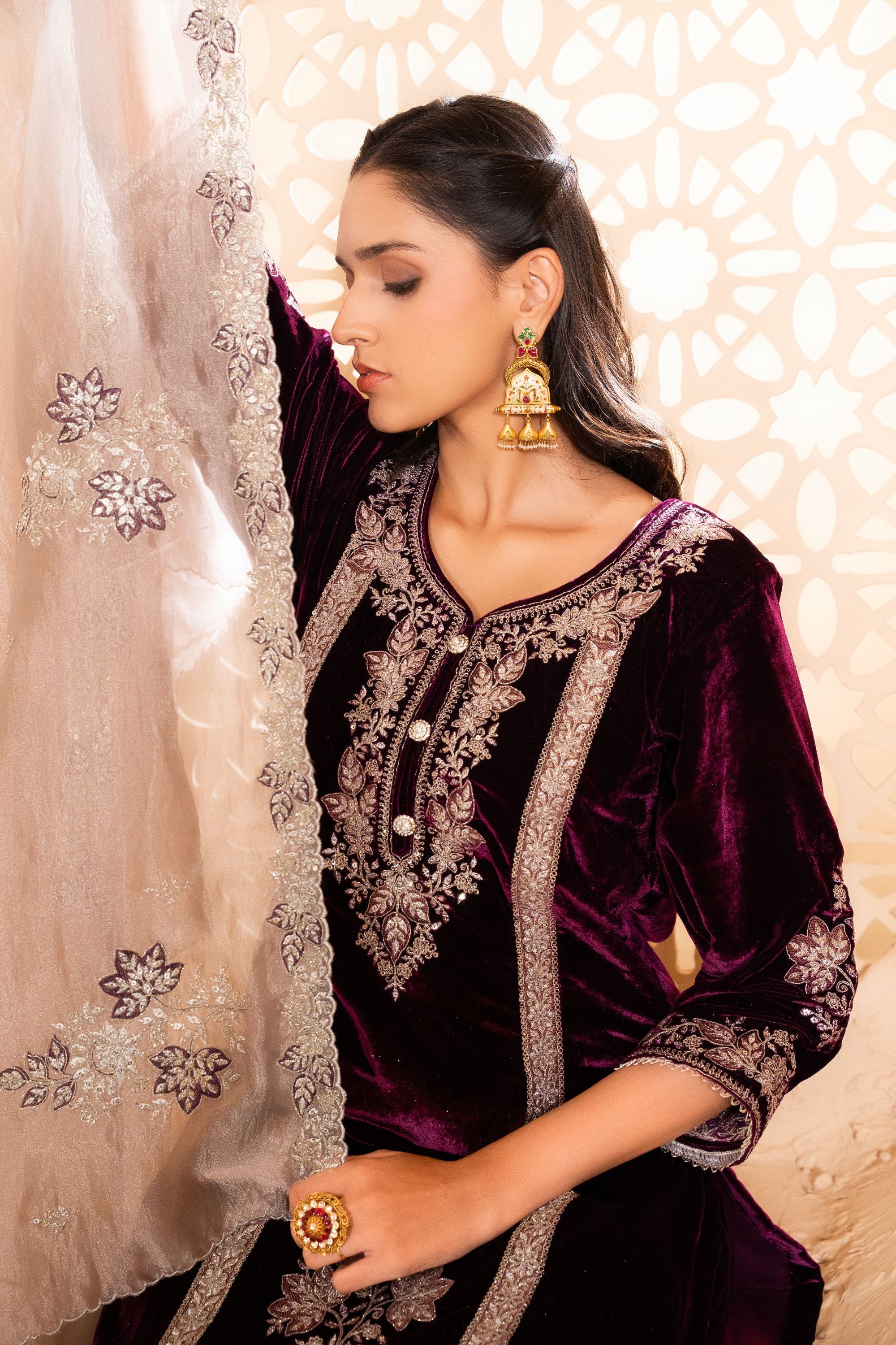 Zariya Silk Velvet Embroidered Wine A-Line Suit Set