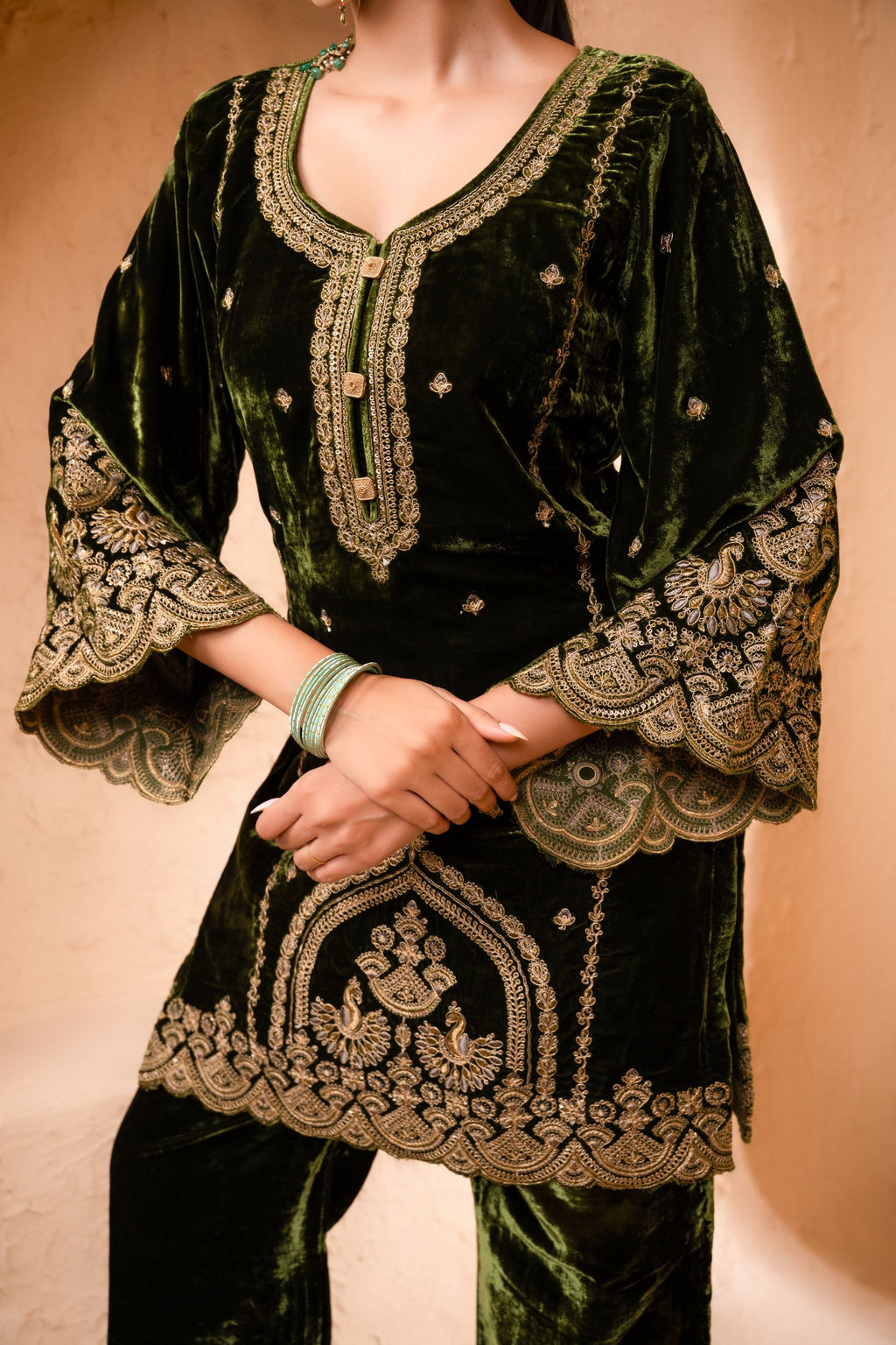 Saaz Silk Velvet Embroidered Mehndi Green A-Line Suit Set