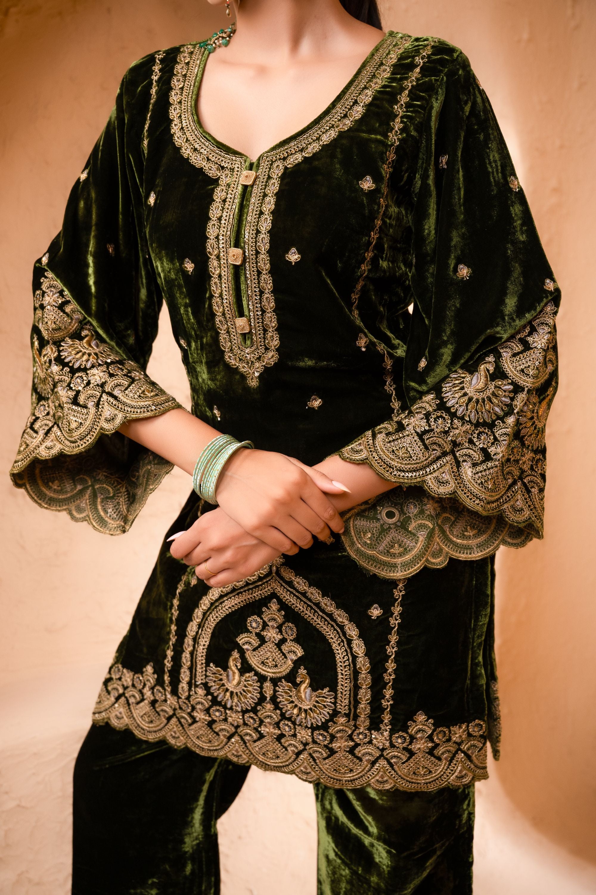 Saaz Silk Velvet Embroidered Mehndi Green A-Line Suit Set
