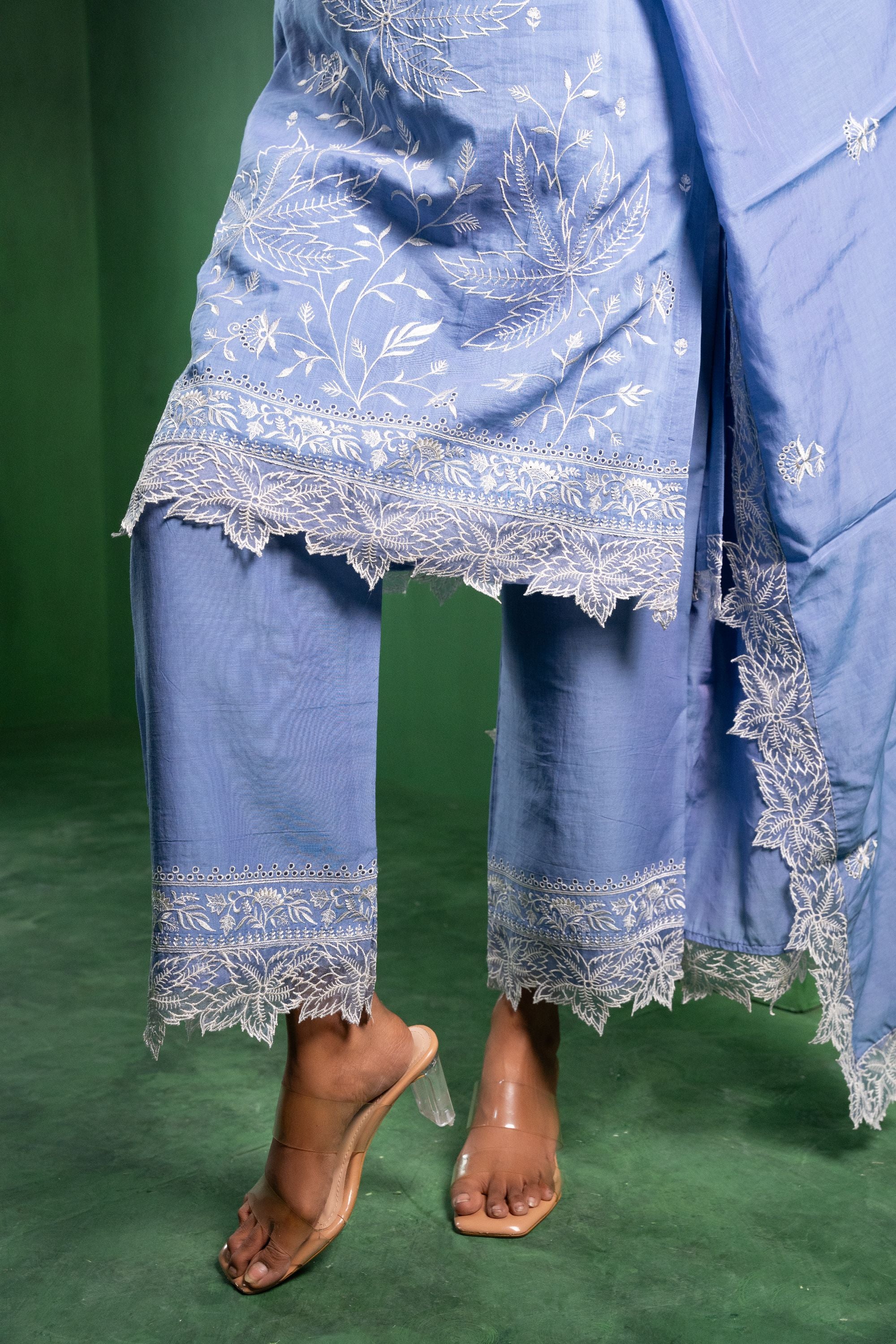 Ruh Mul Chanderi Embroidered Periwinkle A-Line Suit Set