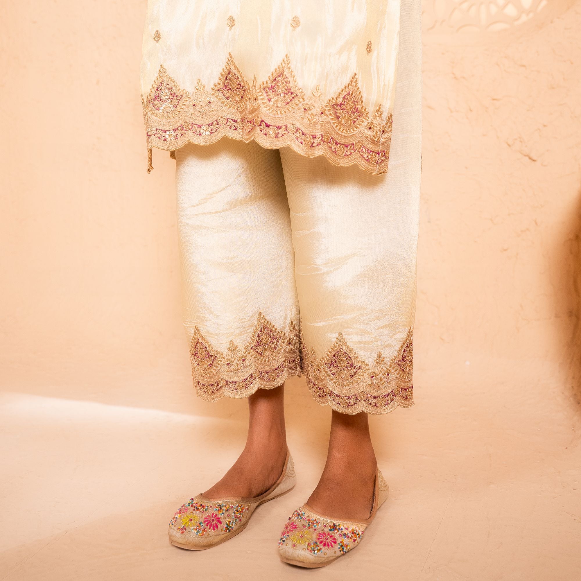 Sargi Tissue Embroidered Cream A-Line Suit Set