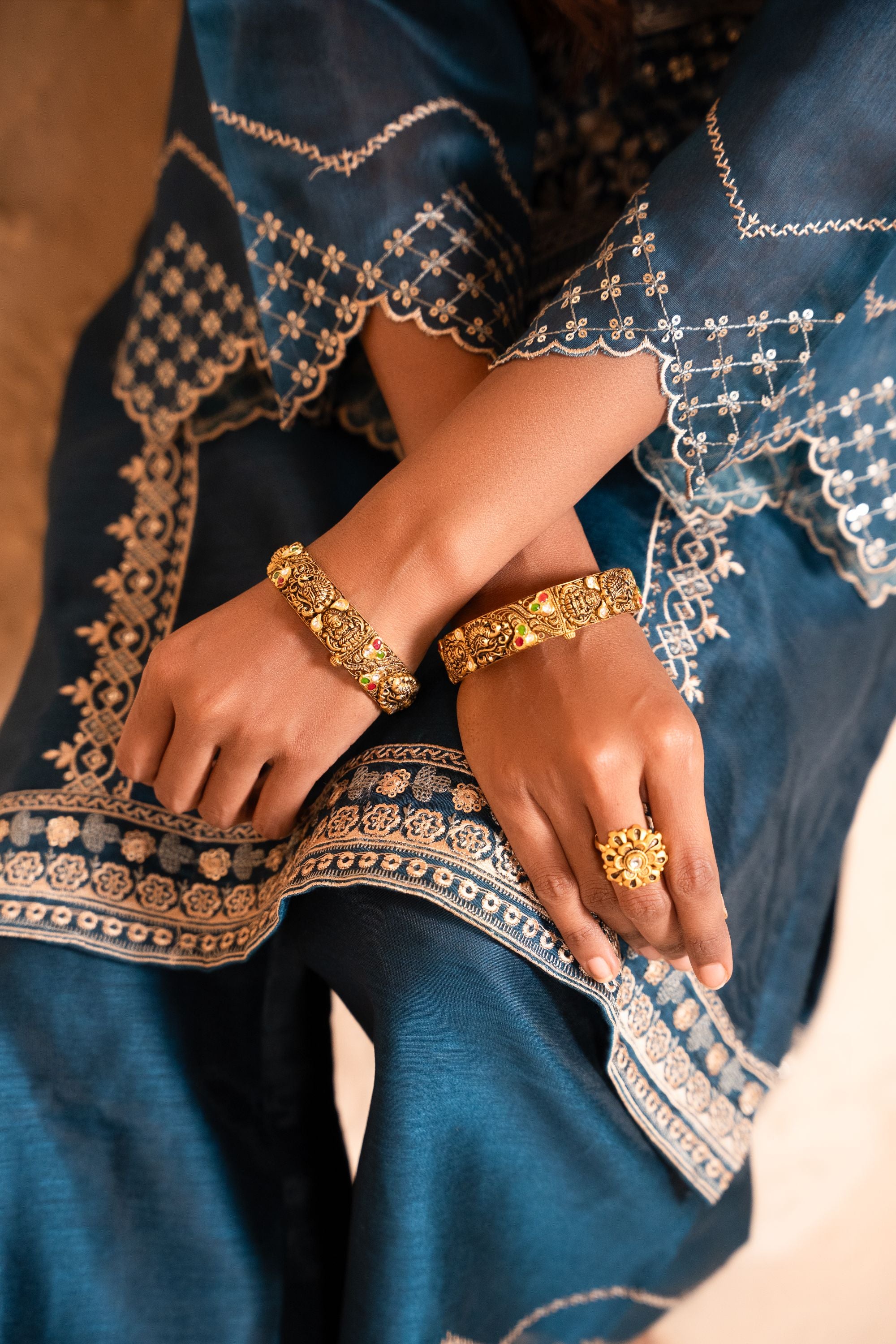 Sanjh Chanderi Embroidered Navy Blue A-Line Suit Set