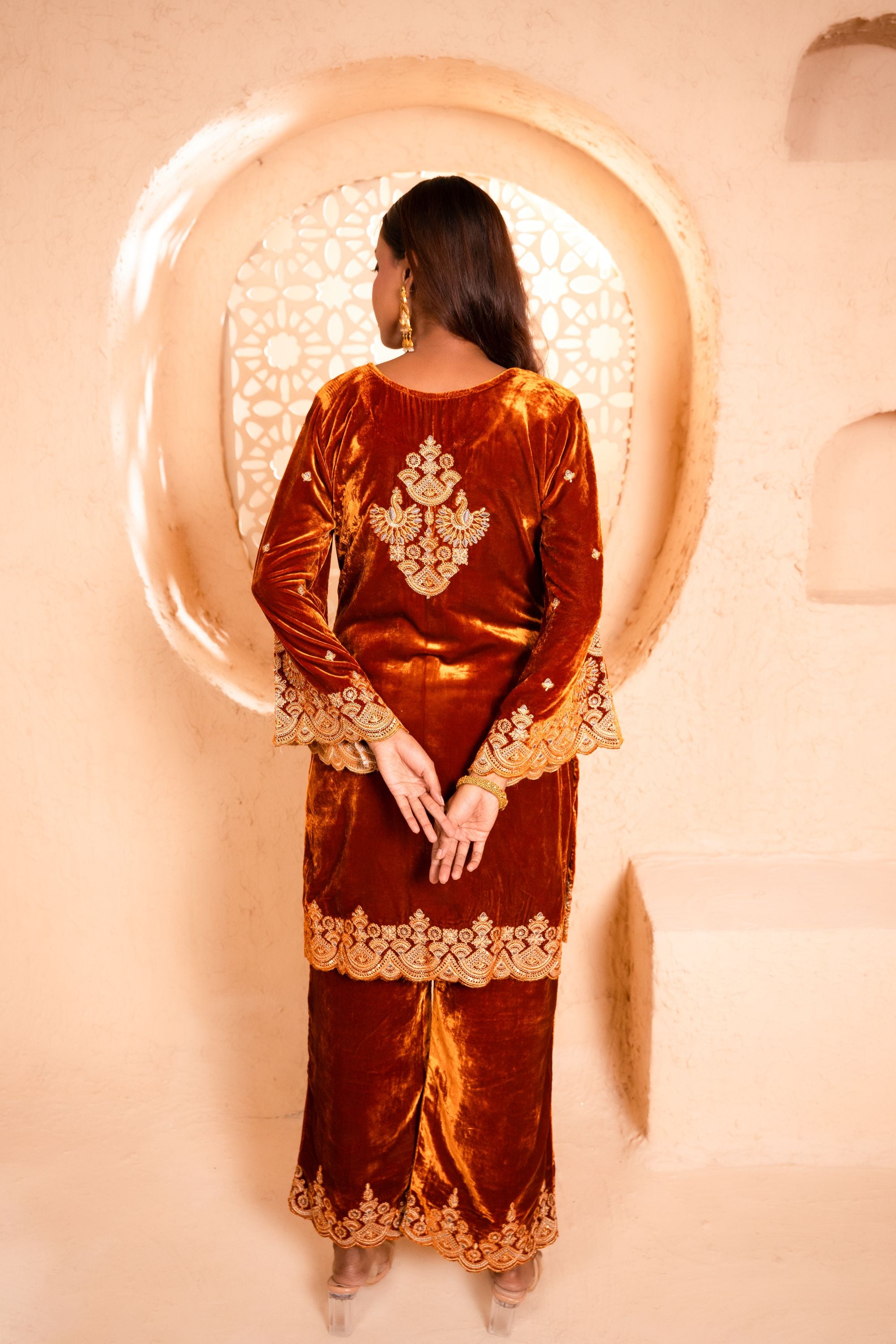 Saaz Silk Velvet Embroidered Rust A-Line Suit Set