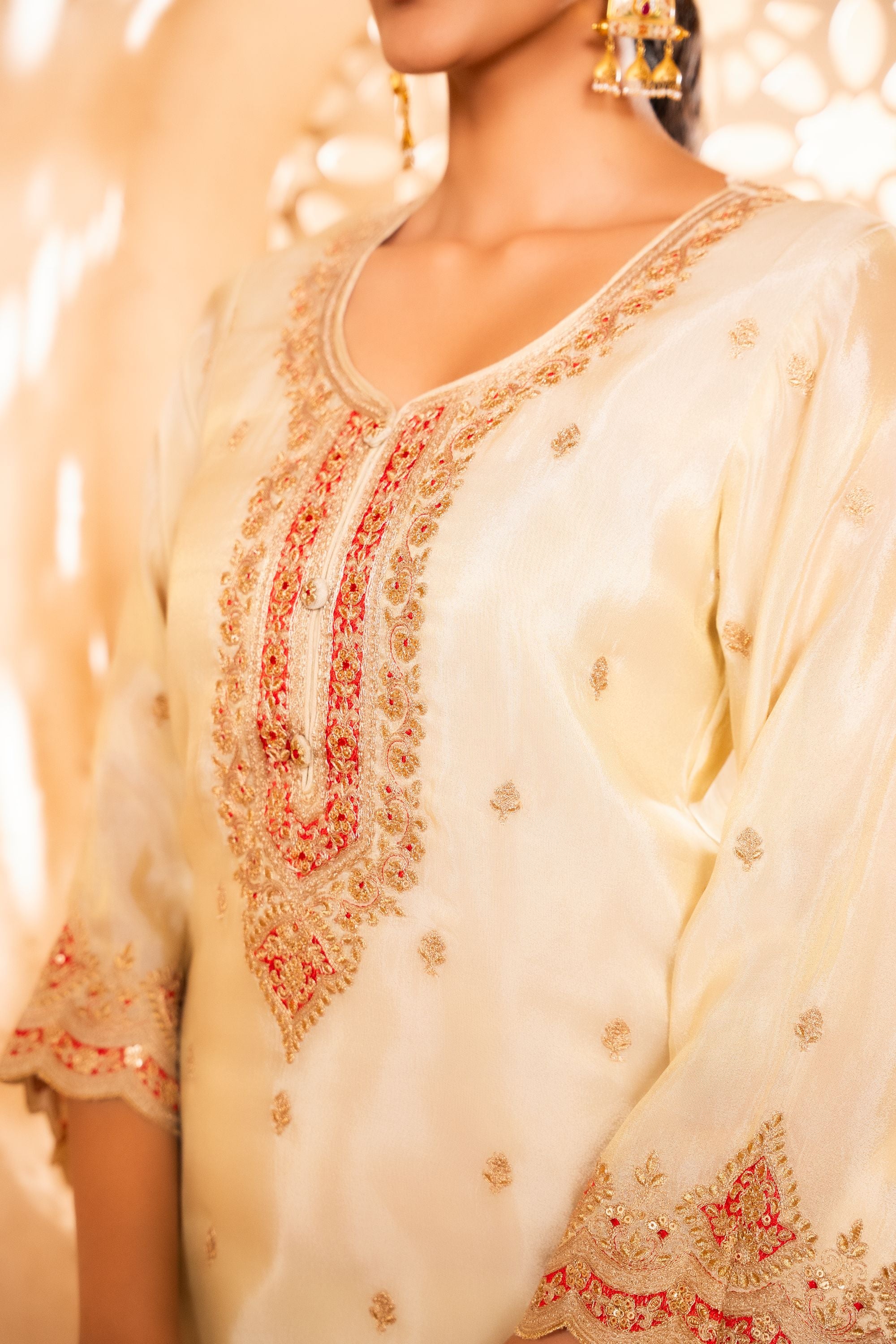 Sargi Tissue Embroidered Cream A-Line Suit Set