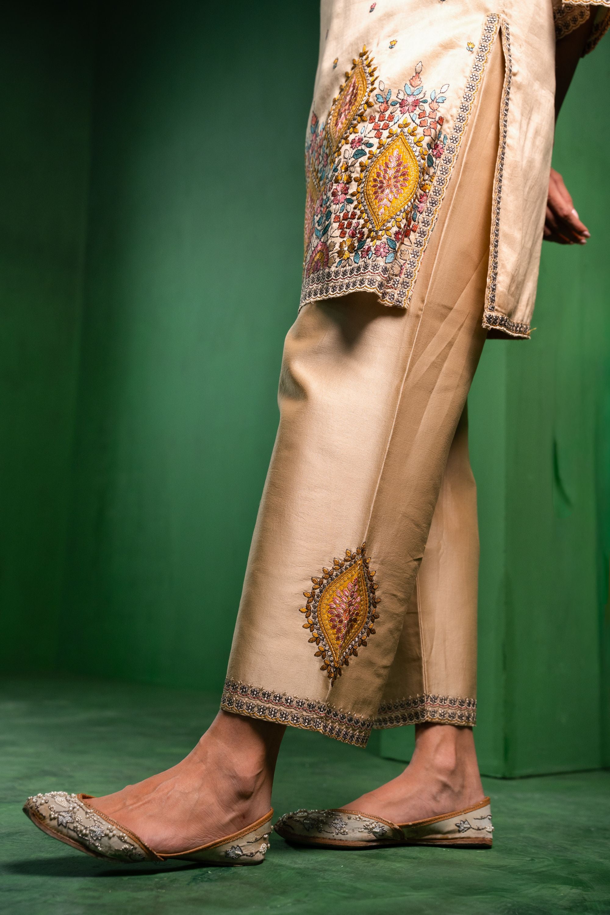 Meher Silk Chanderi Embroidered Beige A-Line Suit Set