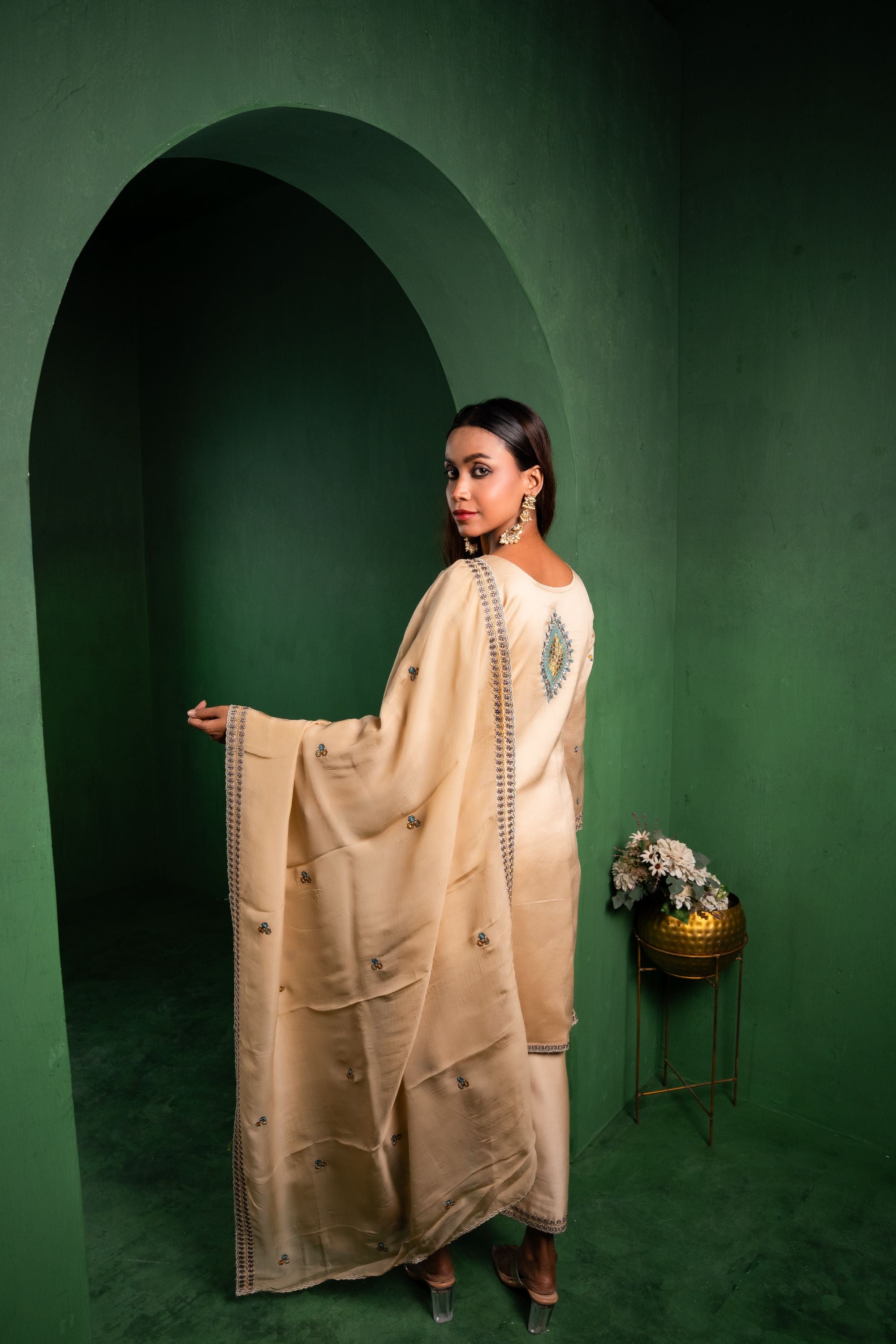 Meher Silk Chanderi Embroidered Beige A-Line Suit Set