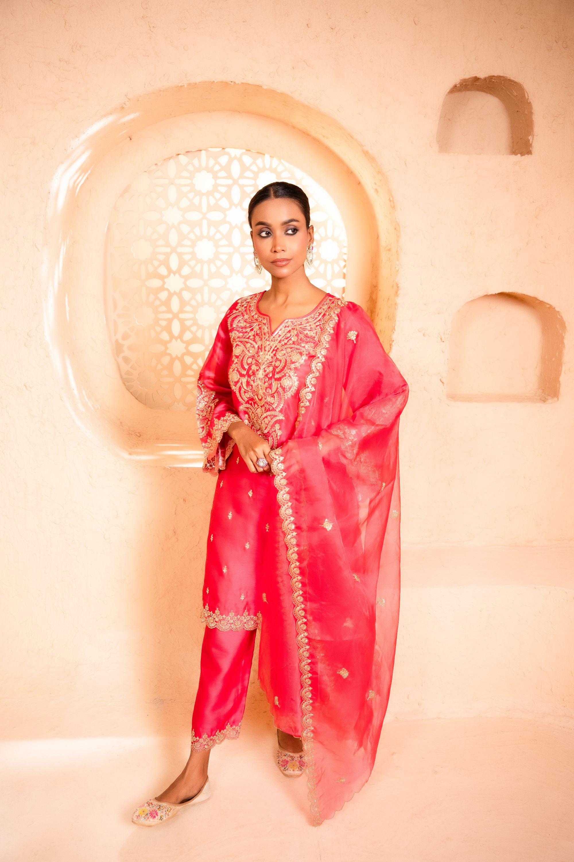 Khwaab Chanderi Embroidered Bright Pink A-Line Suit Set