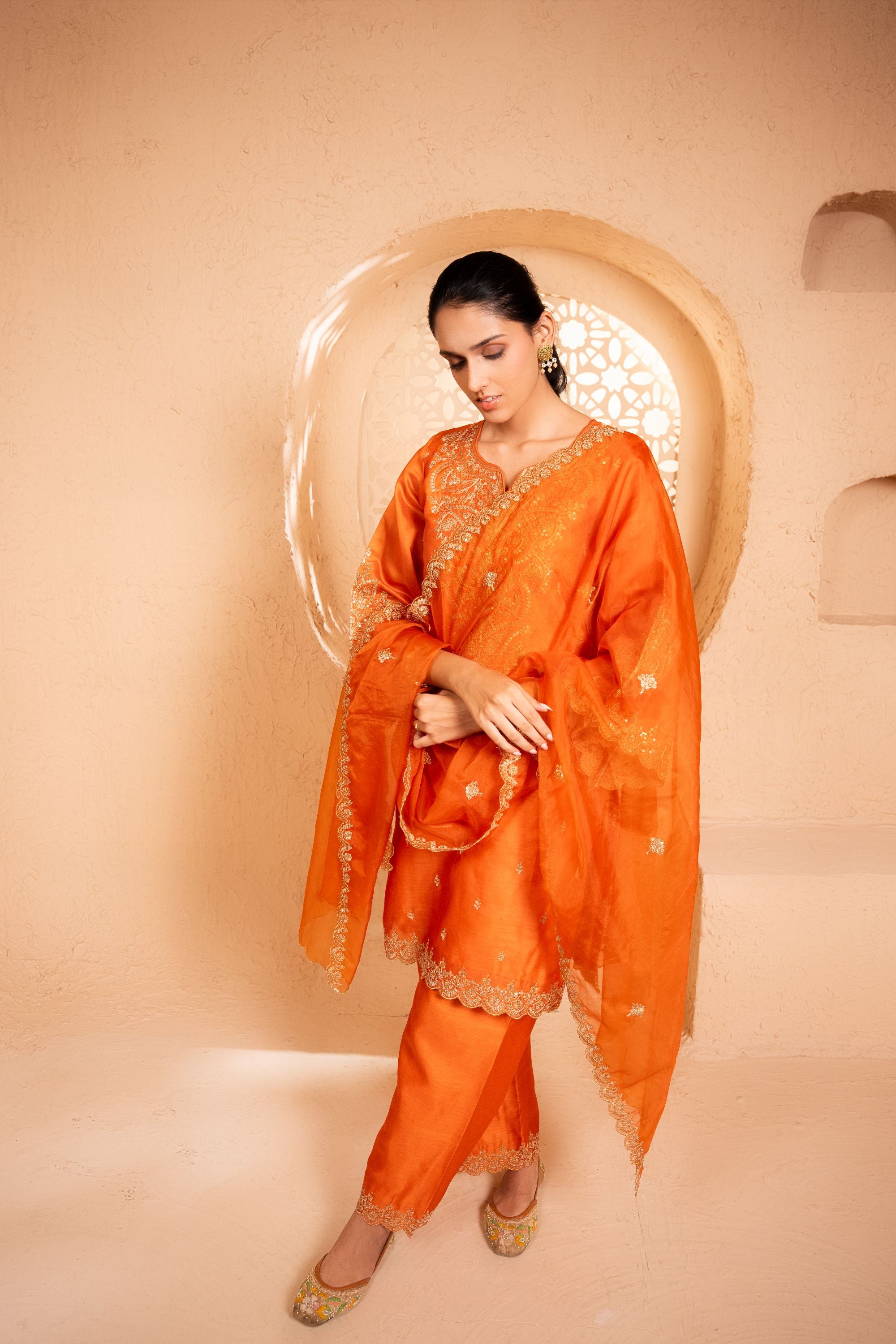 Khwaab Chanderi Embroidered Orange A-Line Suit Set