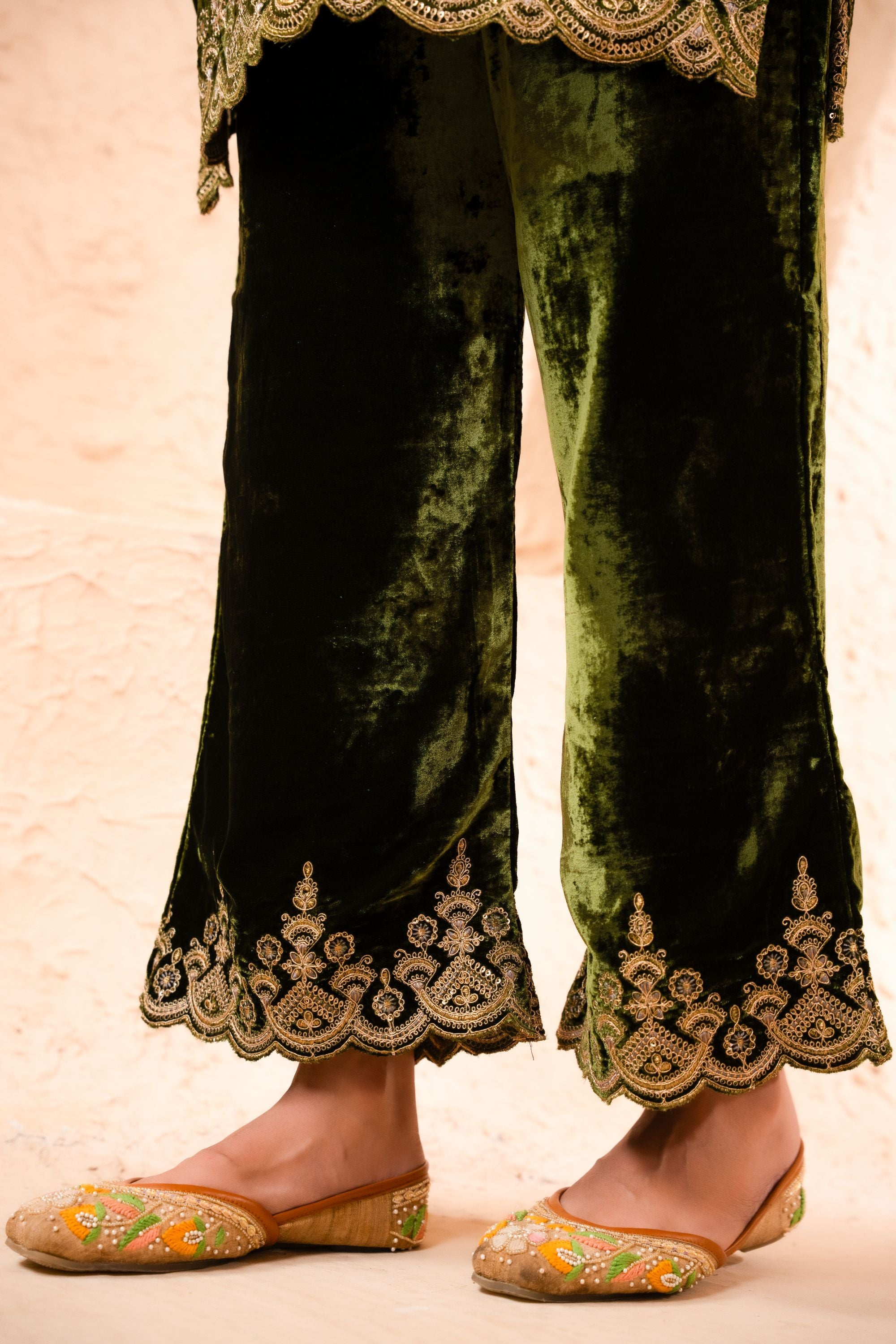 Saaz Silk Velvet Embroidered Mehndi Green A-Line Suit Set