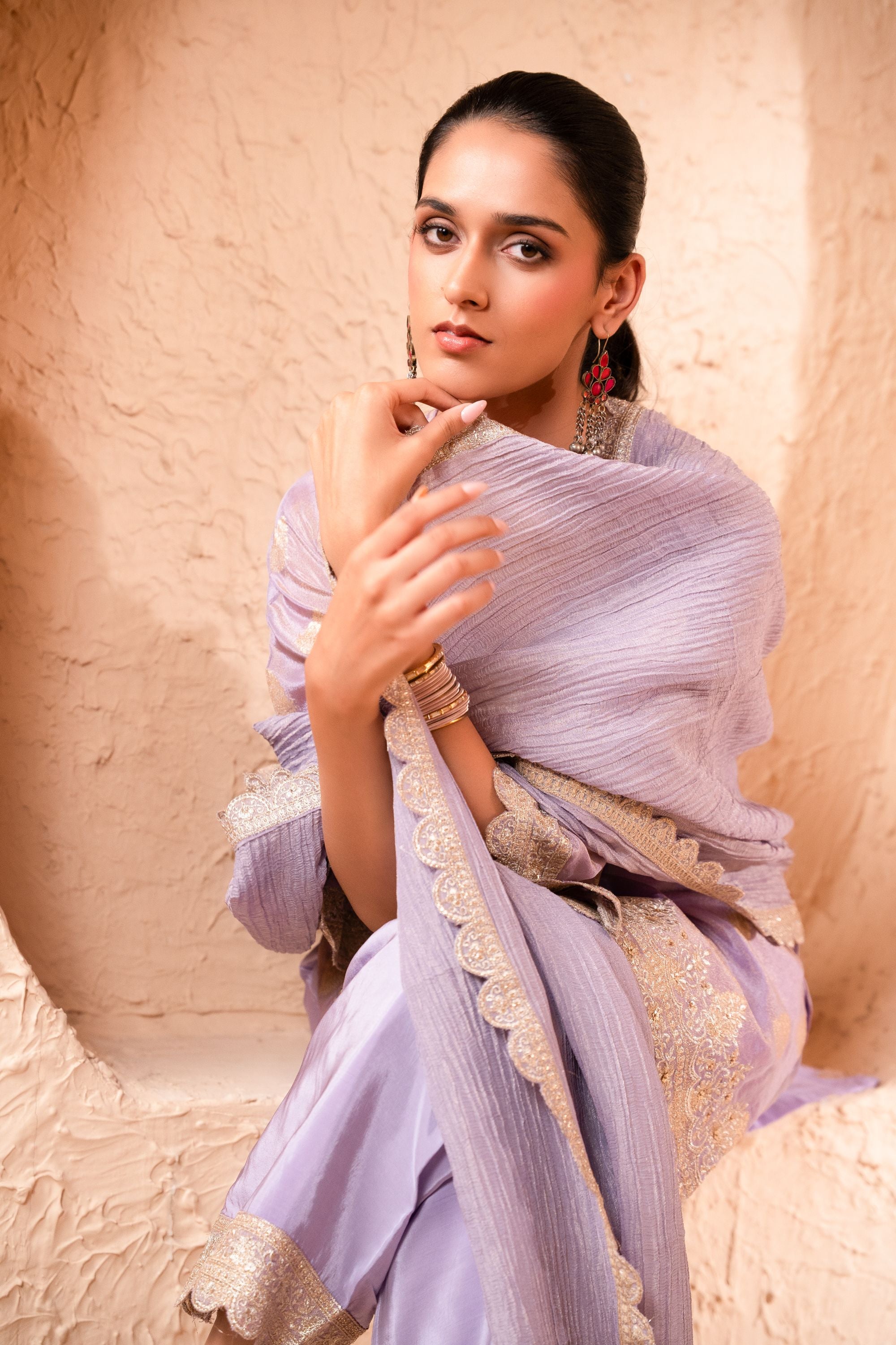 Isvan Tissue Embroidered Lavender A-Line Suit Set