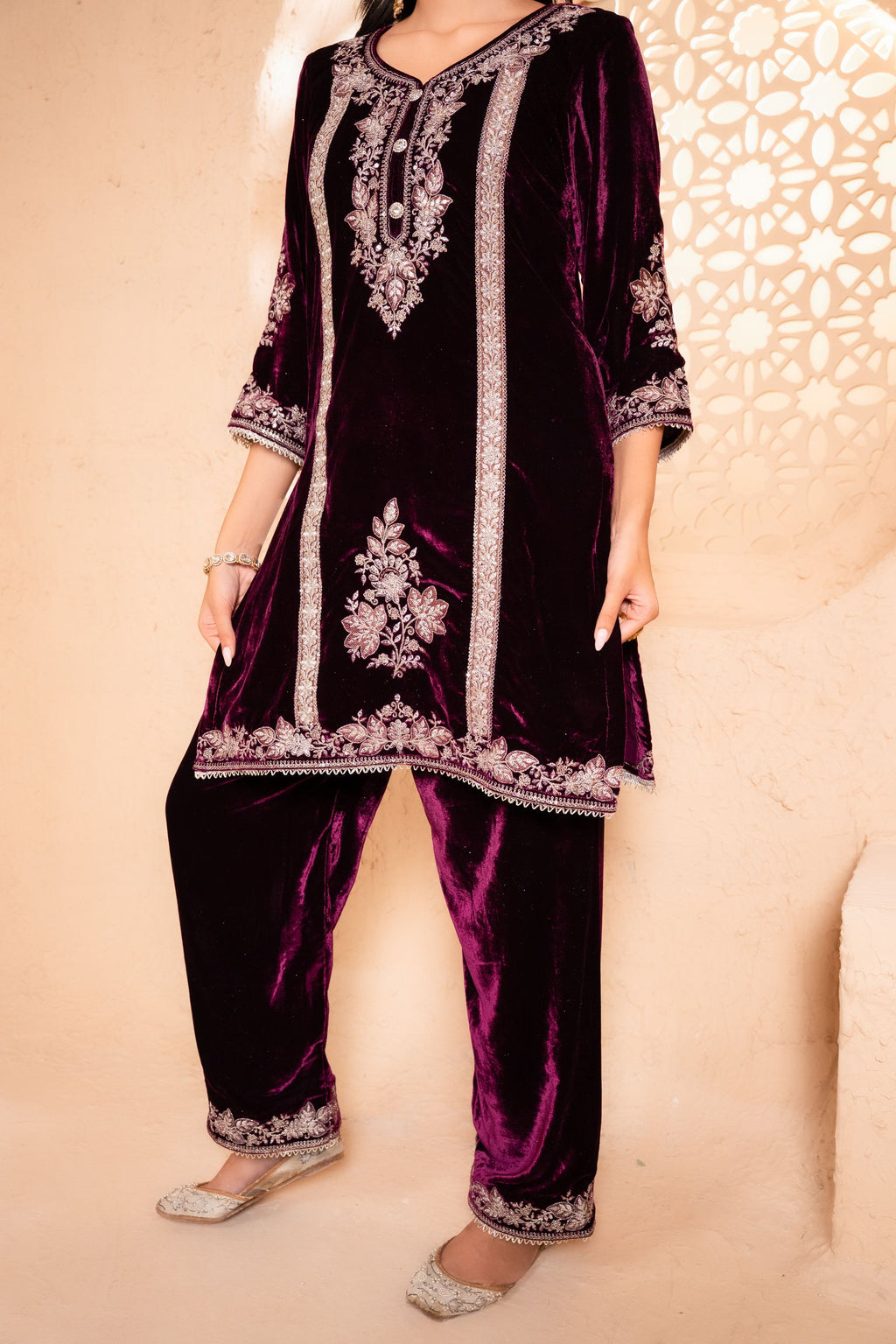 Zariya Silk Velvet Embroidered Wine A-Line Suit Set