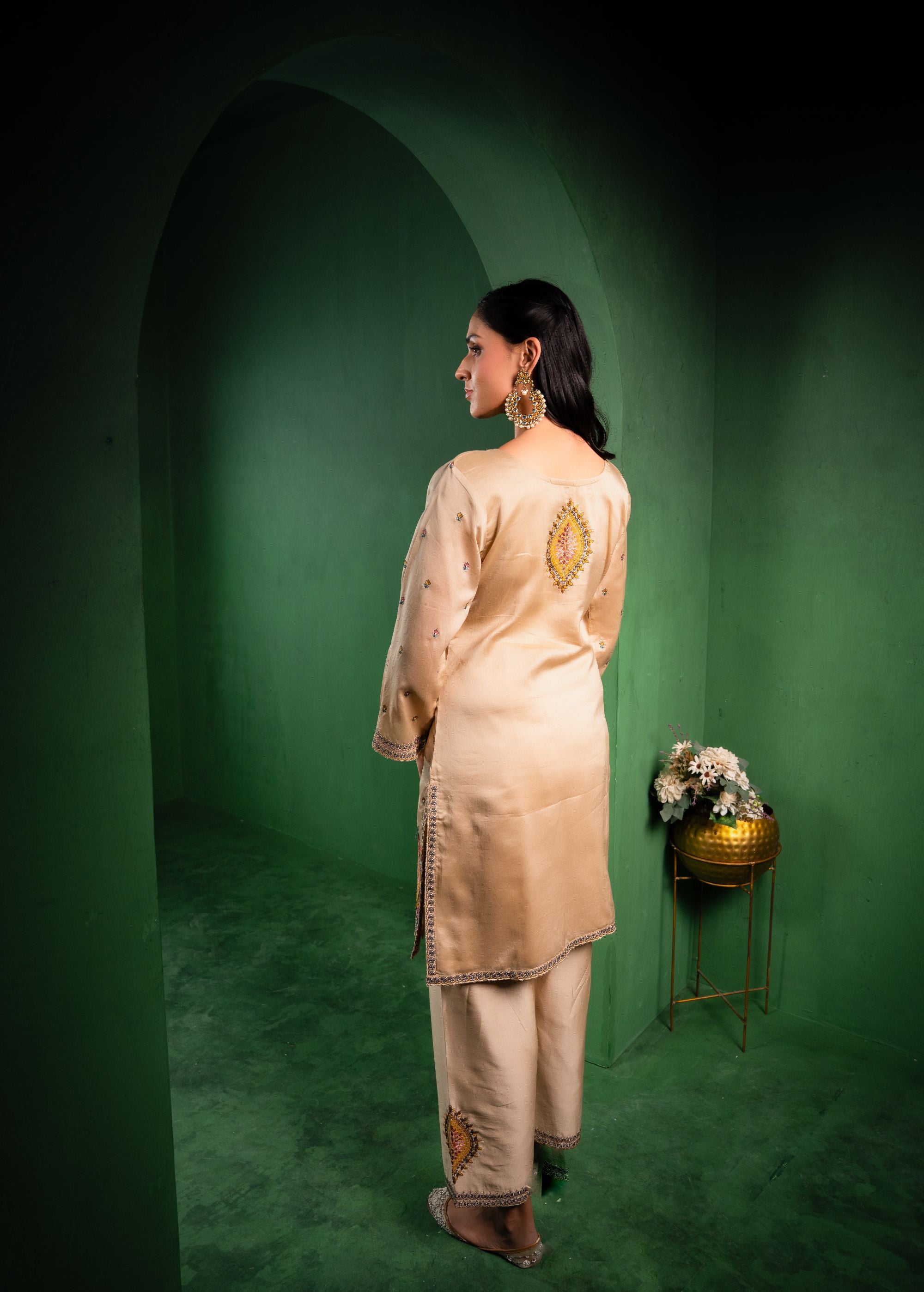 Meher Silk Chanderi Embroidered Beige A-Line Suit Set