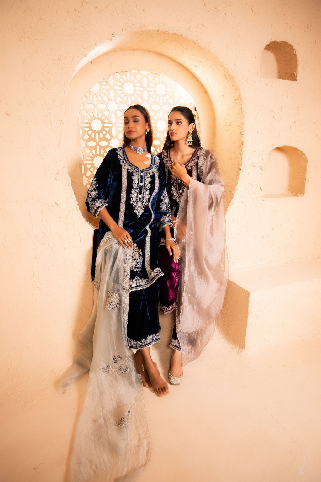 Zariya Silk Velvet Embroidered Navy Blue A-Line Suit Set