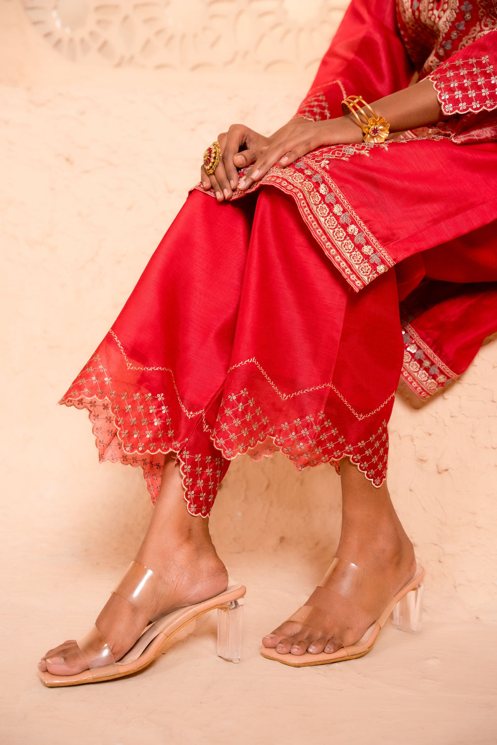 Sanjh Chanderi Embroidered Red A-Line Suit Set