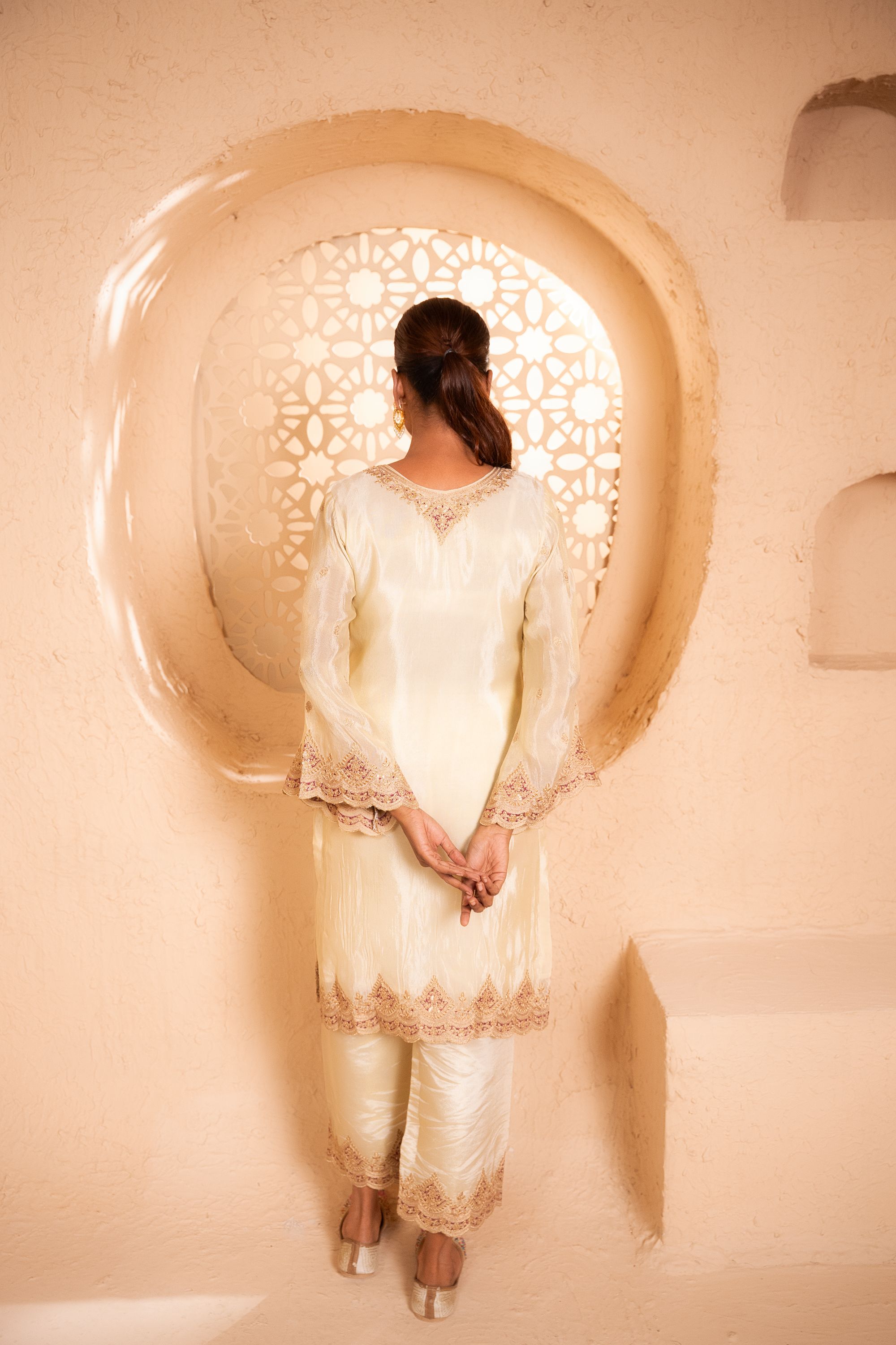 Sargi Tissue Embroidered Cream A-Line Suit Set