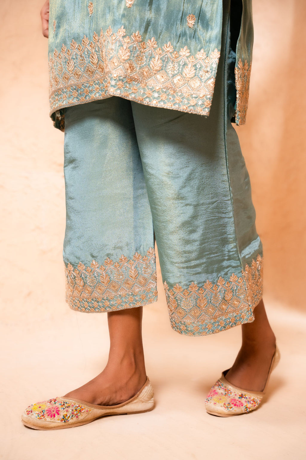 Leher Tissue Embroidered Sky Blue A-Line Suit Set